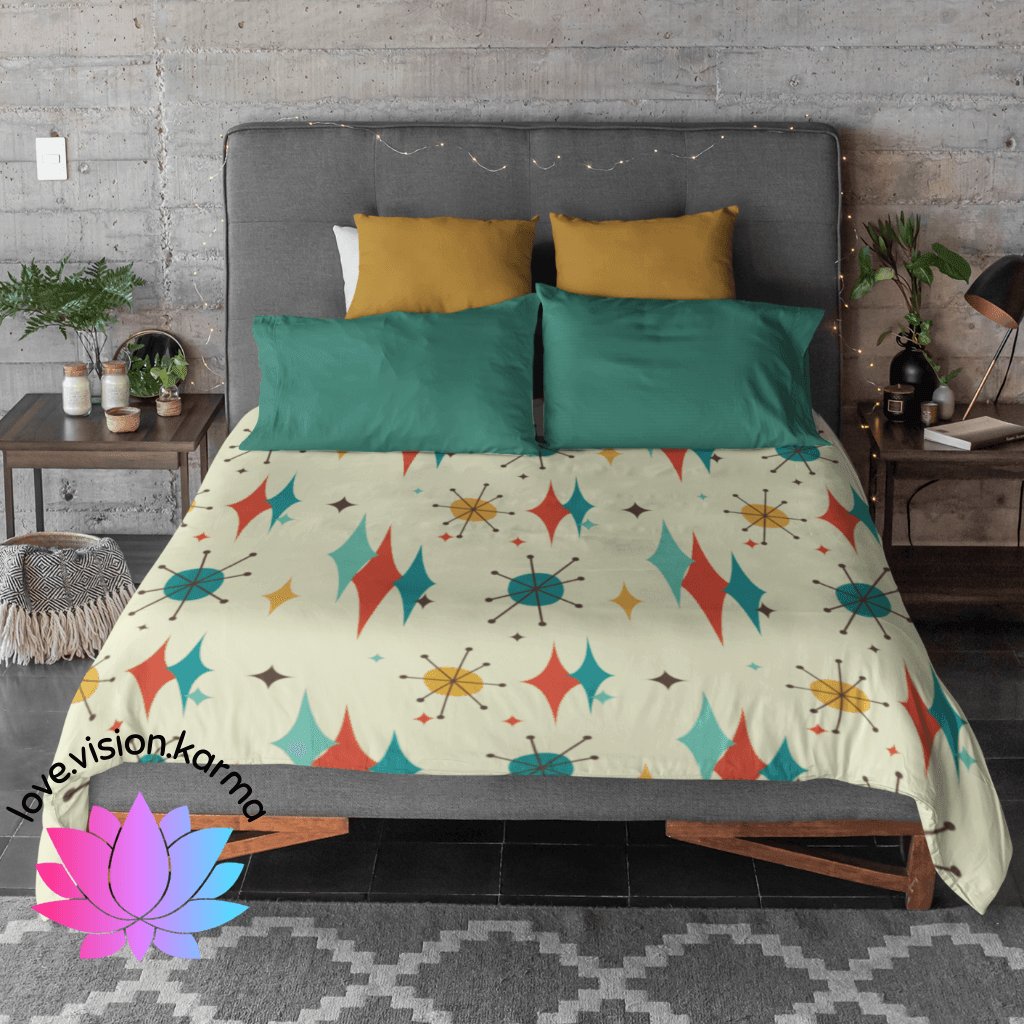 retro-50's-atomic-diamond-burst-duvet-cover-orange-and-teal-on-cream-base