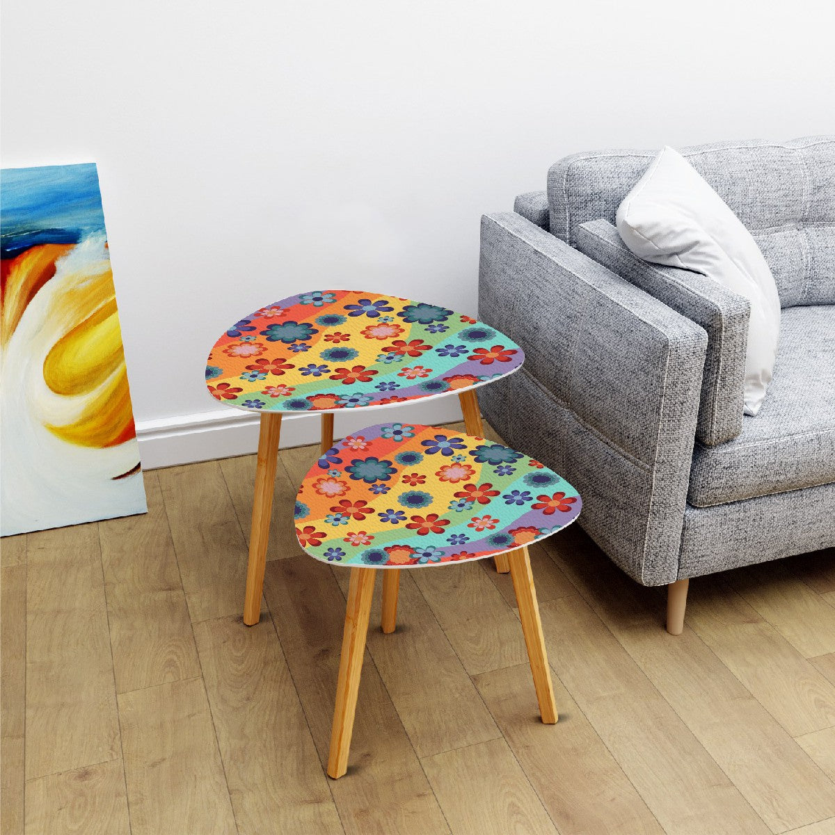Groovy 60s 70s Hippie Flowers Retro Mid Century Mod Rainbow Nesting Accent Tables