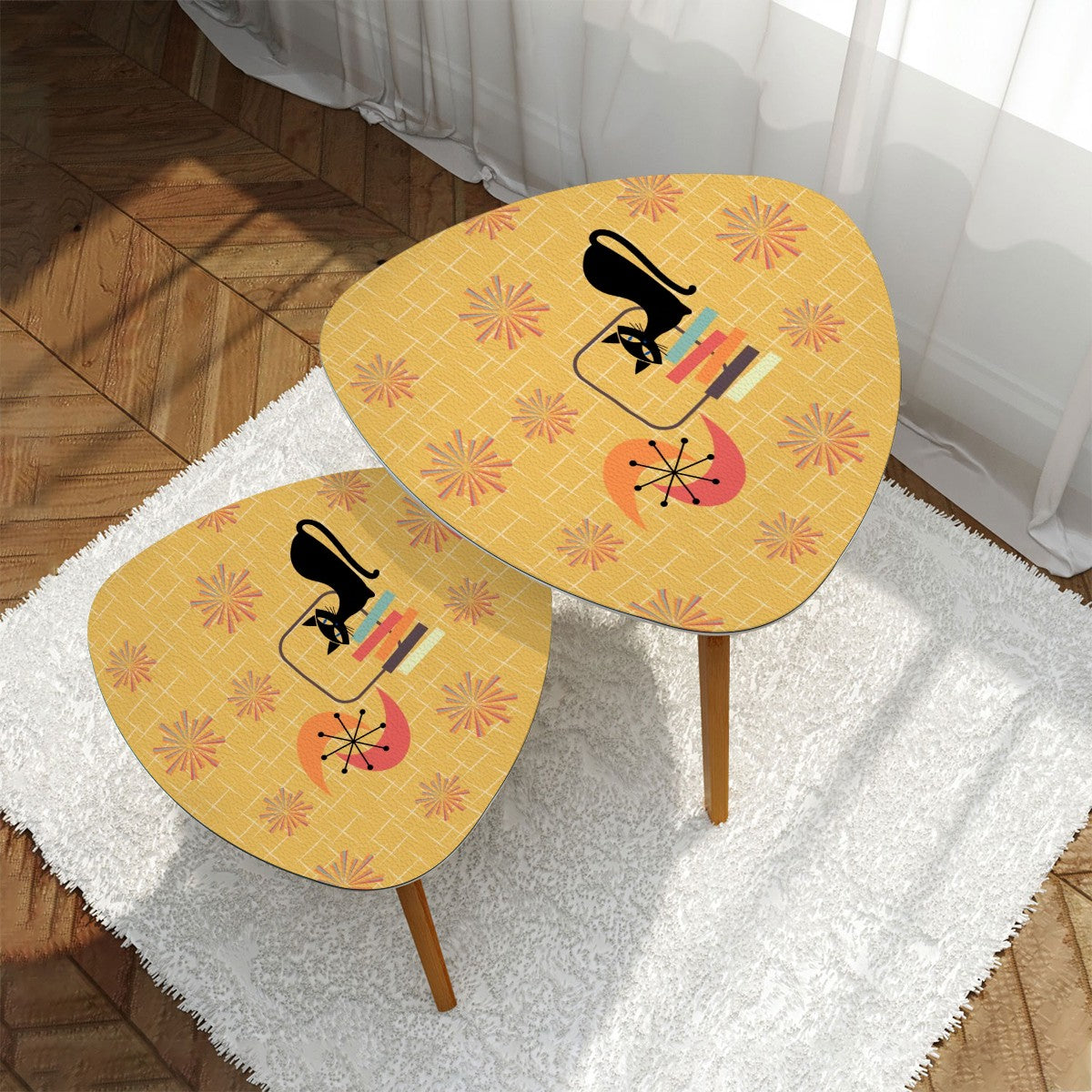 Retro Atomic Cat & 1950's Starbursts Mid Century Mod Yellow Nesting Tables