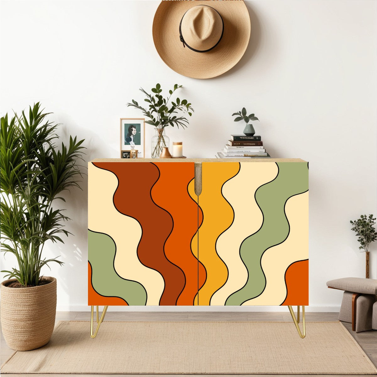 Groovy 60s 70s Mod Retro Rainbow Orange, Yellow, Green Mid Century Modern Sideboard, Credenza, Wooden Storage Cabinet