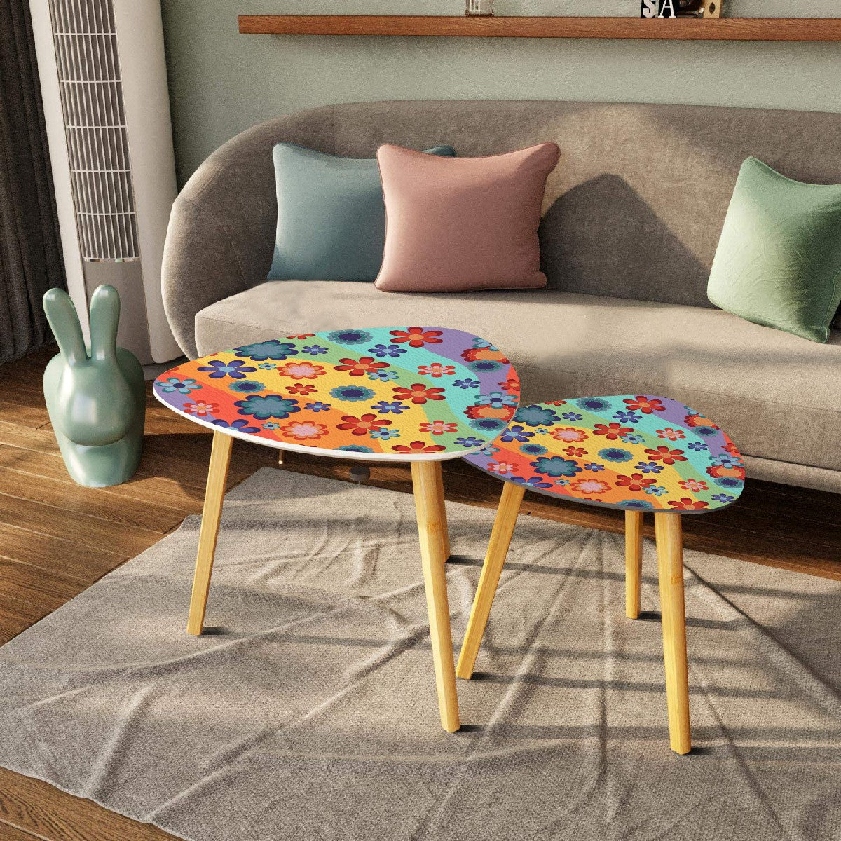 Groovy 60s 70s Hippie Flowers Retro Mid Century Mod Rainbow Nesting Accent Tables