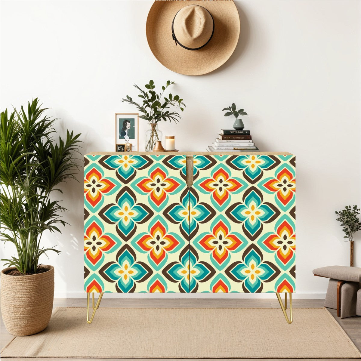 Retro 50's 60's Flowers Mid Century Mod Vintage Inspired Orange & Blue Sideboard, Credenza, Wooden Storage Cabinet