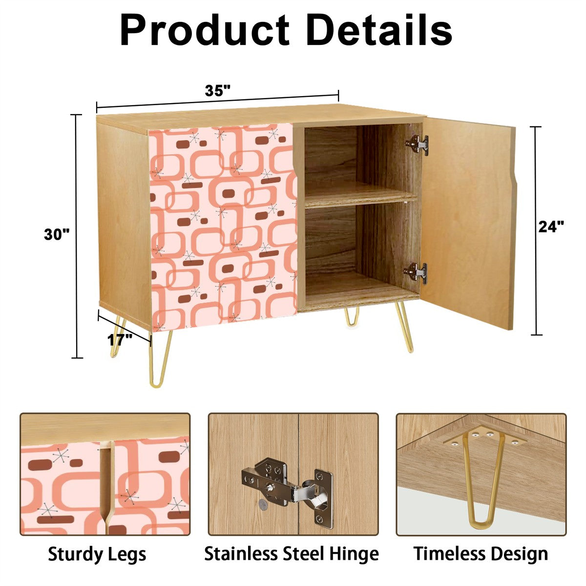 Retro 50s 60s Pink Mod Links and Bursts Mid Century Modern Sideboard, Credenza, Wooden Storage Cabinet