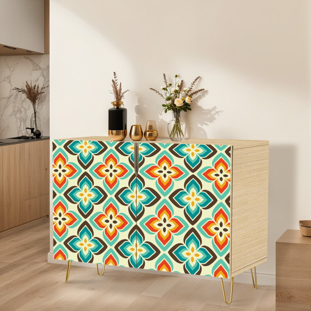 Retro 50's 60's Flowers Mid Century Mod Vintage Inspired Orange & Blue Sideboard, Credenza, Wooden Storage Cabinet