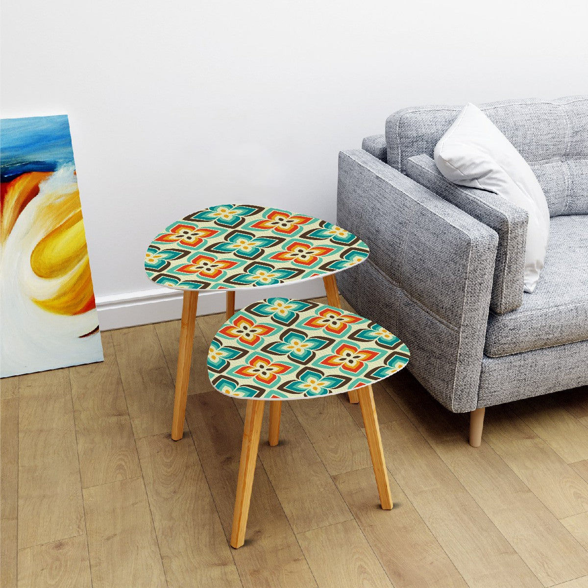 Retro 50s 60s Flowers Mid Century Mod Blue and Orange Nesting Tables