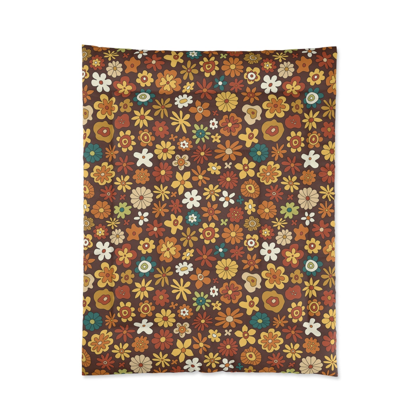 Retro 60s 70s Groovy Floral Mid Century Modern Brown Boho Comforter