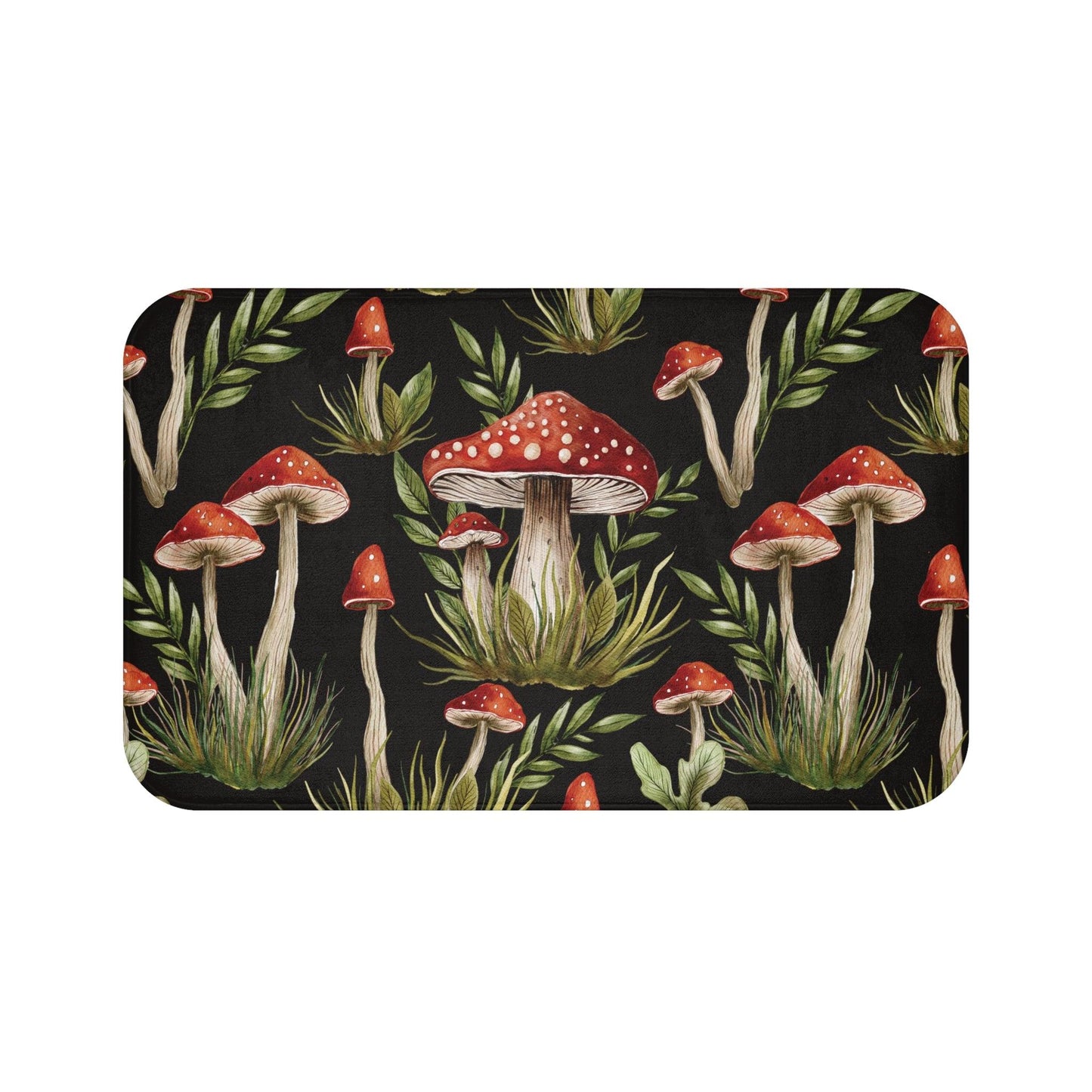 Amanita Muscaria Mushroom, Dark Cottagecore Watercolor Black, Red & Green Bath Mat | lovevisionkarma.com
