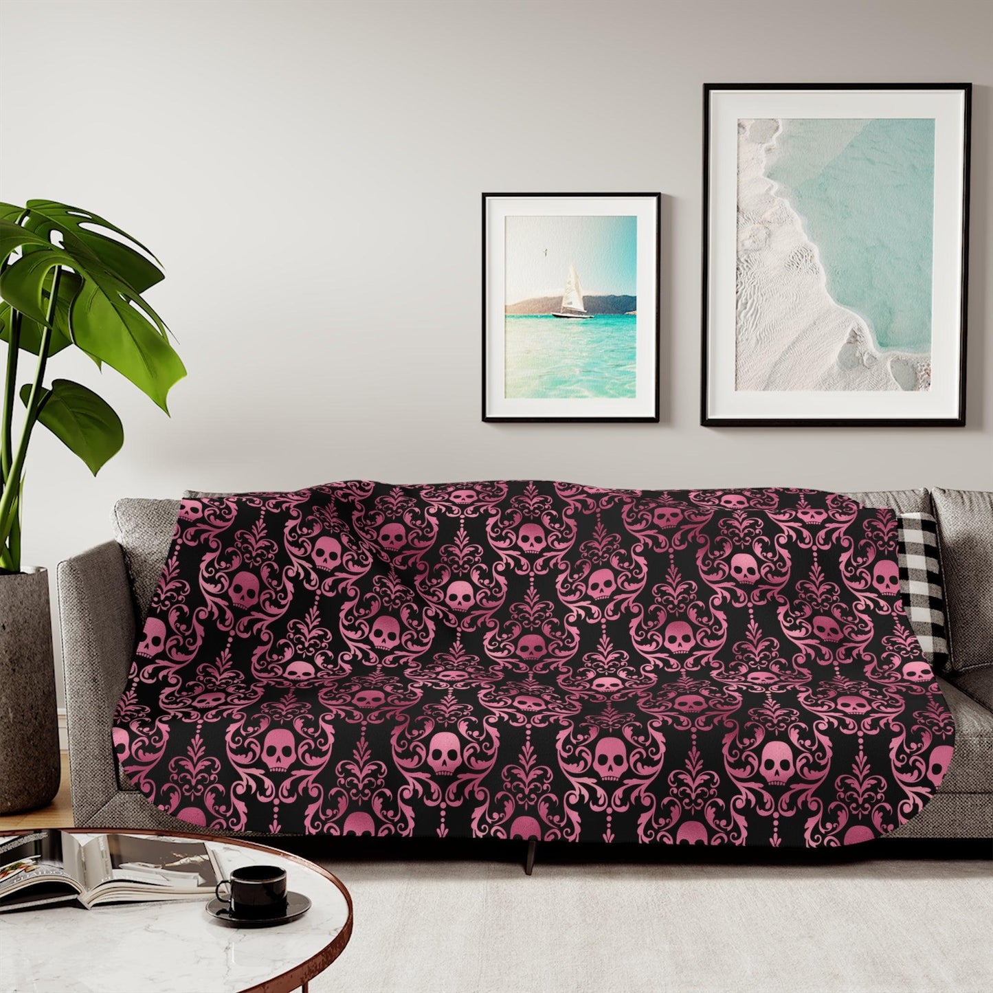 Goth Pink Skull Damask Halloween Glam Goth Black Sherpa Blanket | lovevisionkarma.com