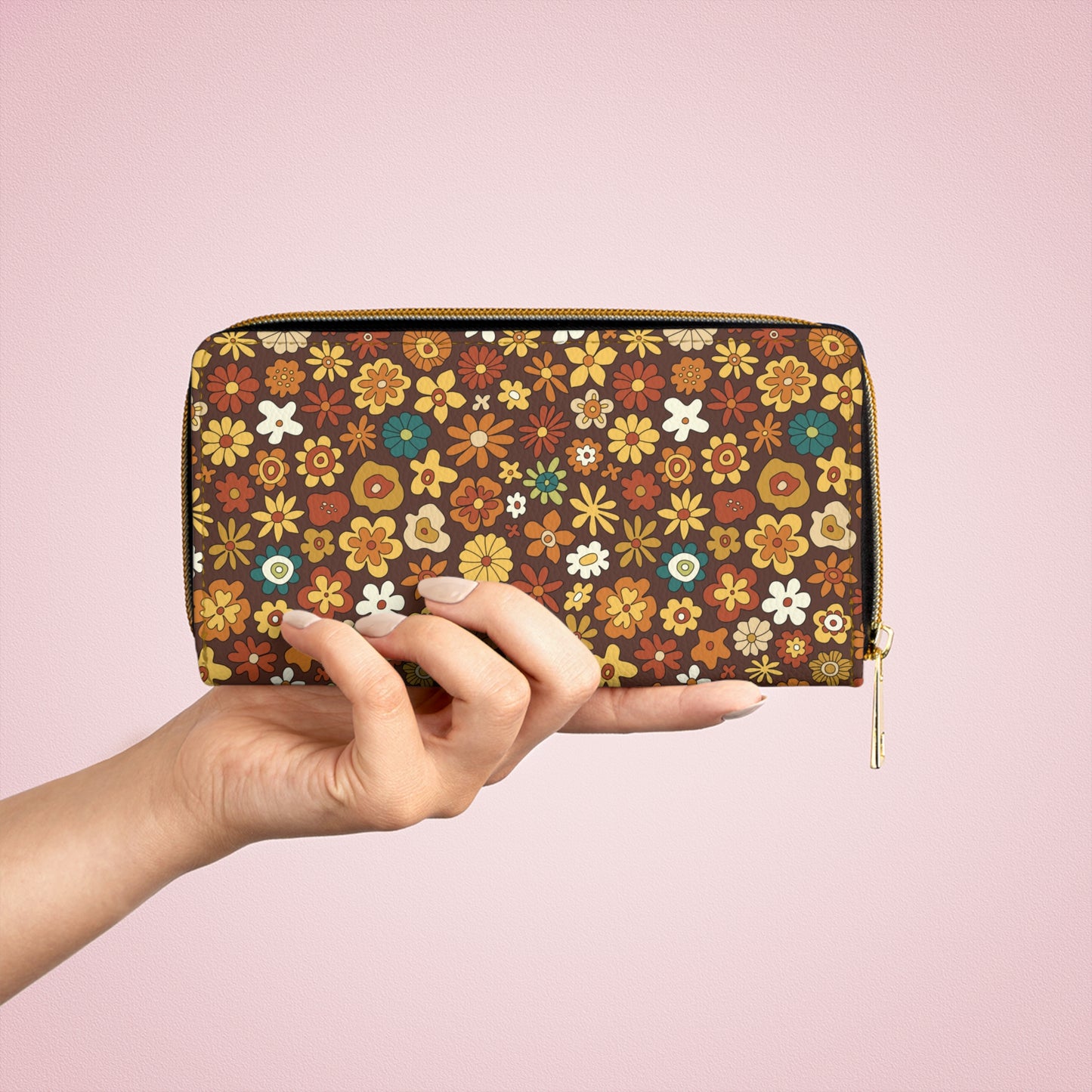 Retro 60s 70s Groovy Floral Mid Century Modern Boho Brown Zipper Wallet