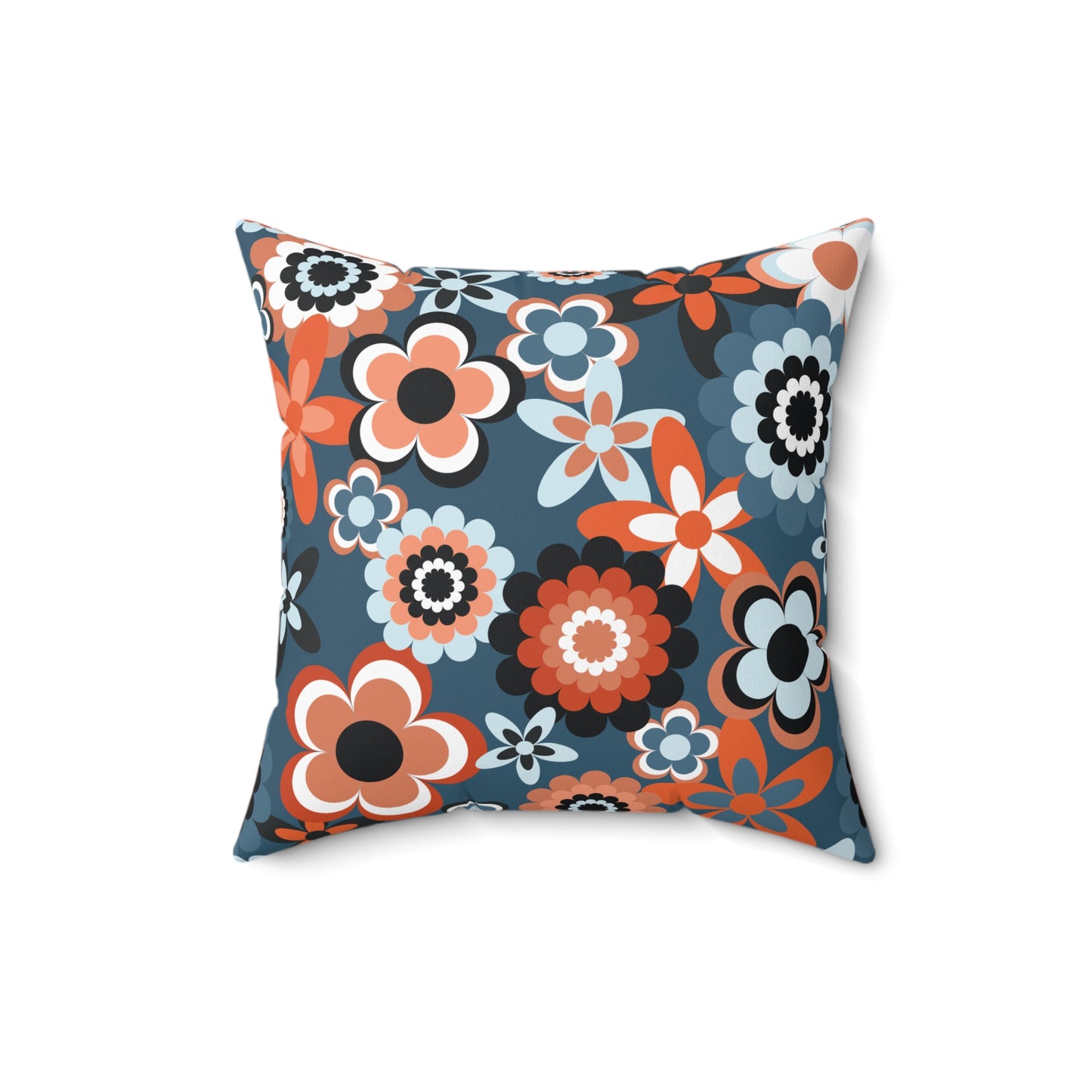 Retro 60s 70s Groovy Flowers Boho Mid Century Mod Coral & Blue Throw Pillow