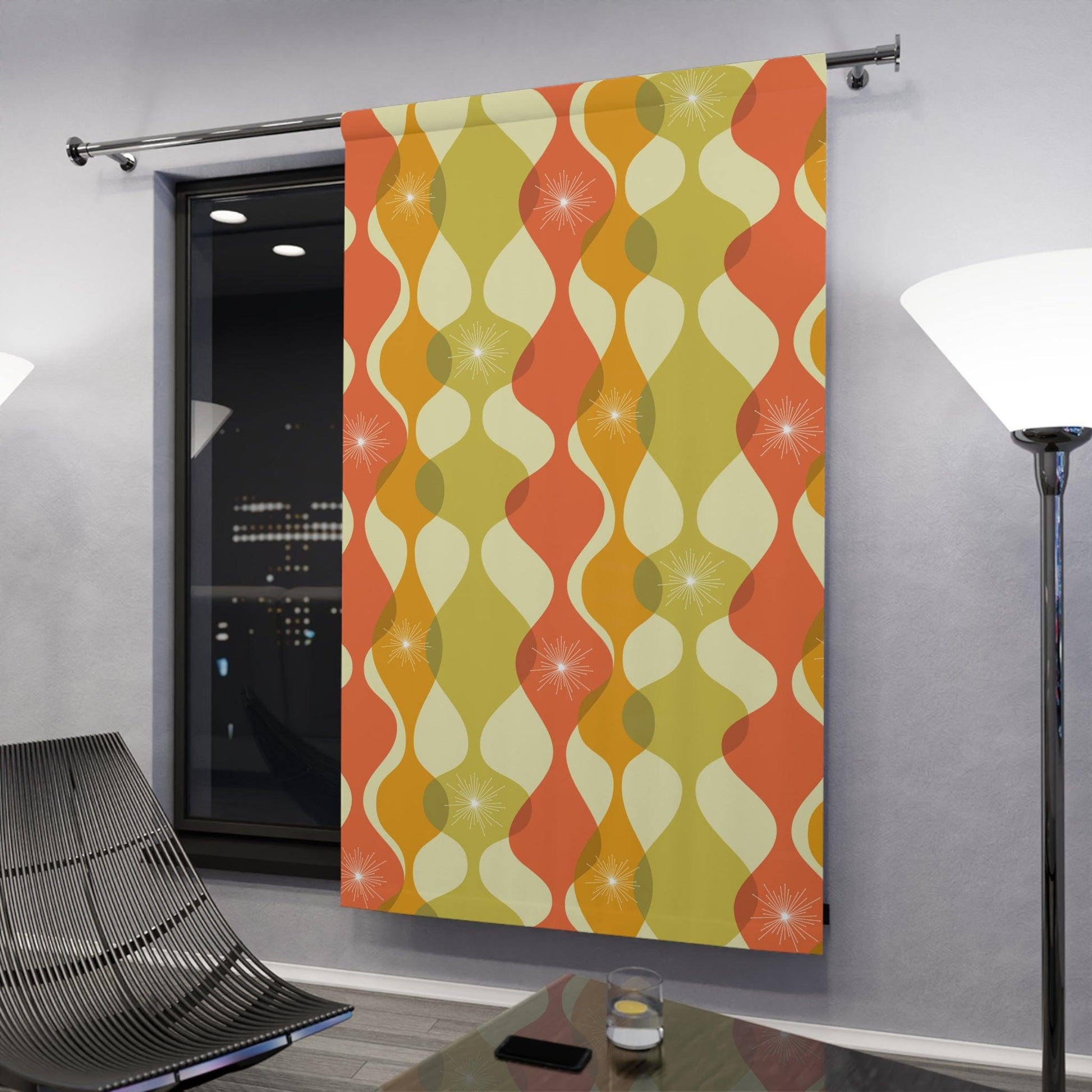 Mid Century Modern Wavy Abstract Orange, Green & Yellow Blackout Window Curtain | lovevisionkarma.com