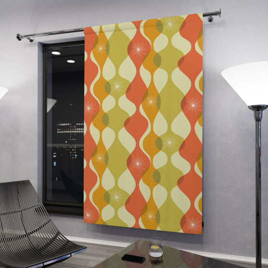 Mid Century Modern Wavy Abstract Orange, Green & Yellow Blackout Window Curtain | lovevisionkarma.com
