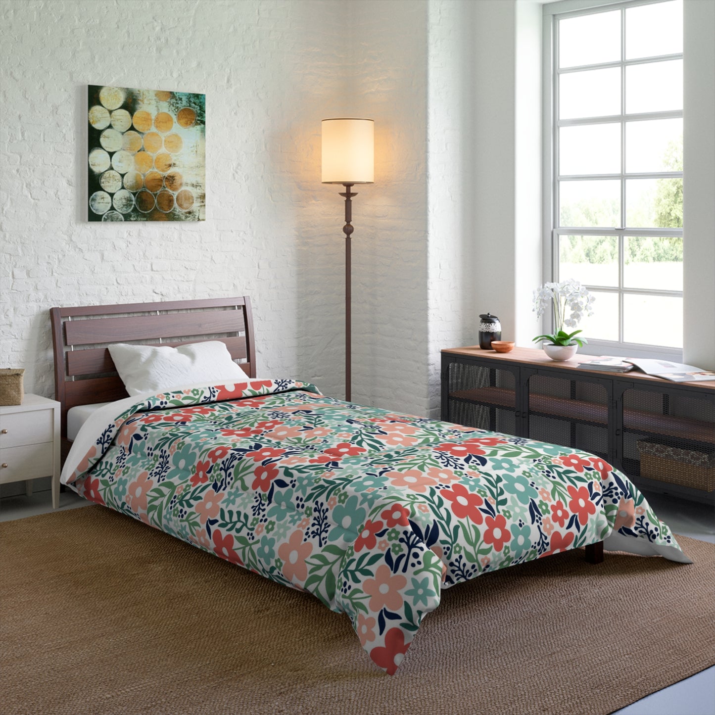 Retro Minimalist Scandi Flowers Cottagecore MCM Vintage Inspired Coral & Teal Comforter
