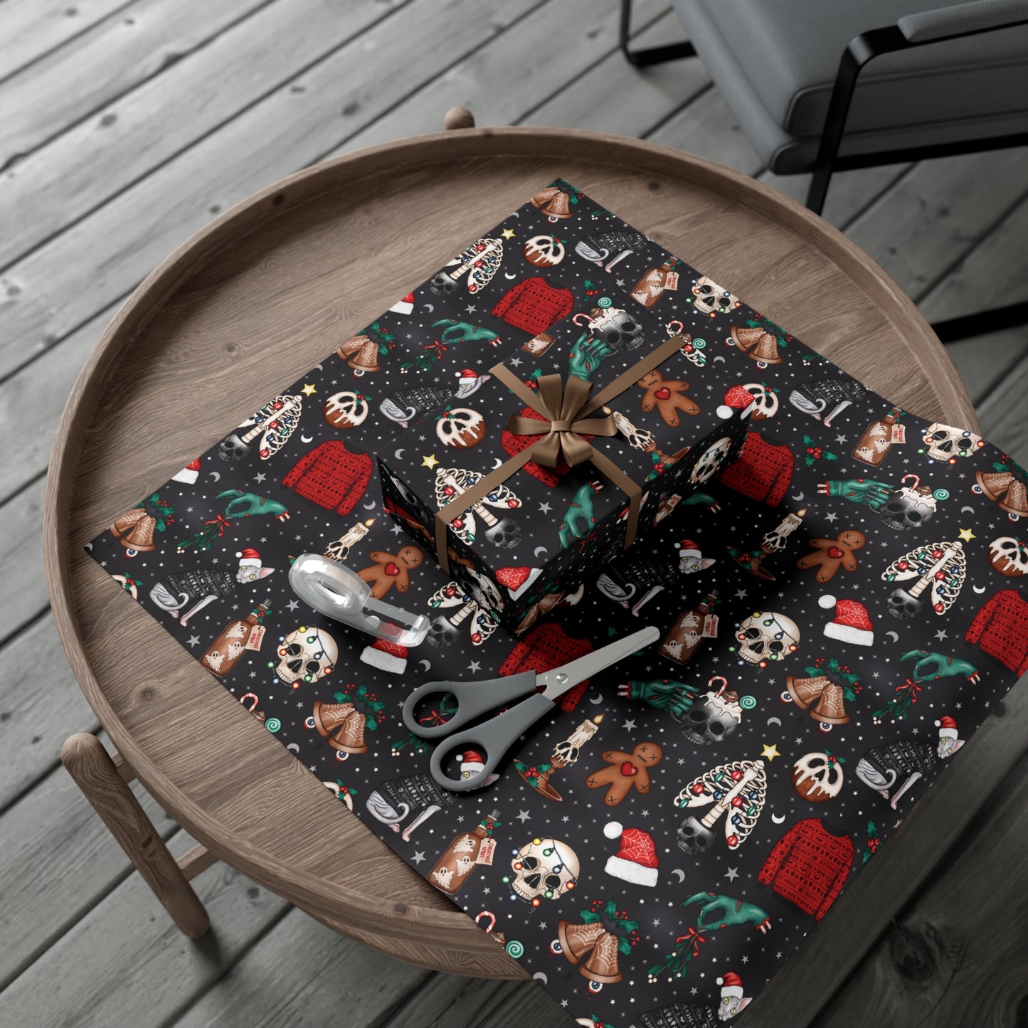 Kitschy Kawaii Goth Christmas, Creepy Cute Whimsigoth Creepmas Black Eco-Friendly Gift Wrap Paper