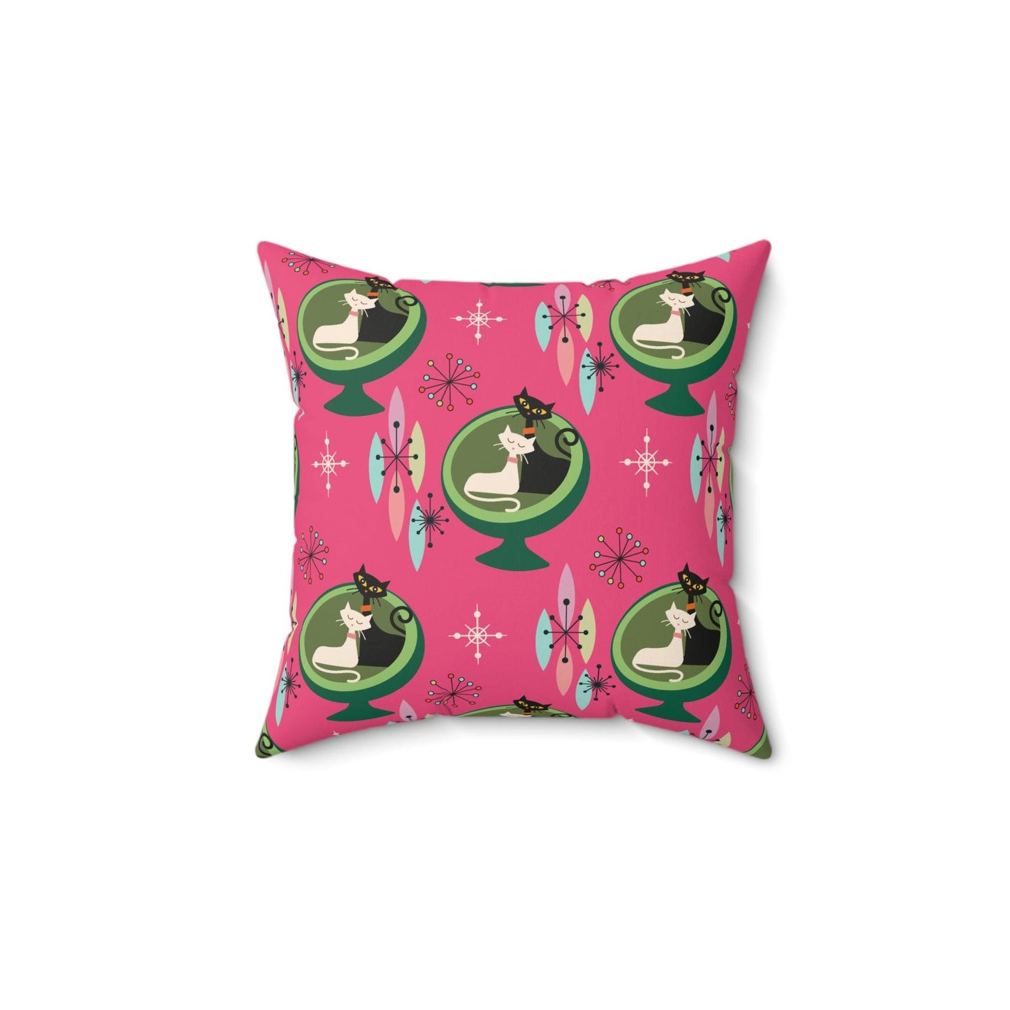 Retro 50s Atomic Cat Couple in Ball Chair MCM Pink & Green Pillow | lovevisionkarma.com