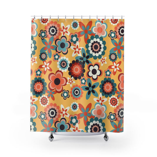 Retro 60s 70s Groovy Flowers Boho Mid Century Mod Yellow, Coral & Blue Shower Curtain