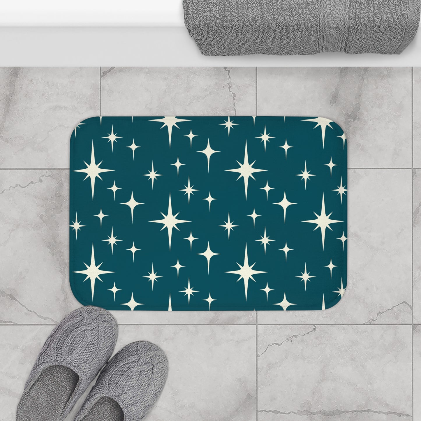 Retro 50s Atomic Starburst Off-White and Blue MCM Bath Mat