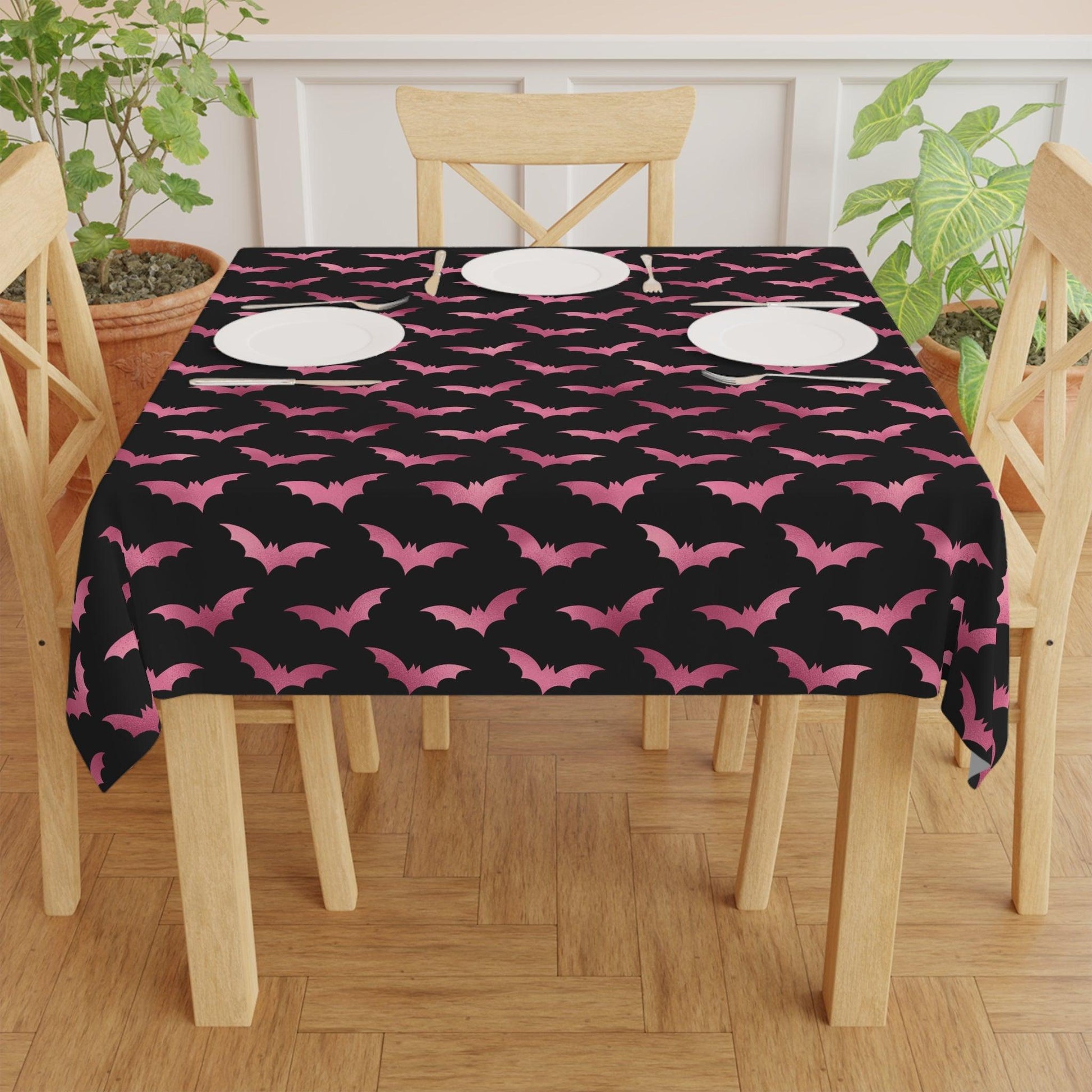 Pink Bats Halloween Glam Goth Black Tablecloth | lovevisionkarma.com