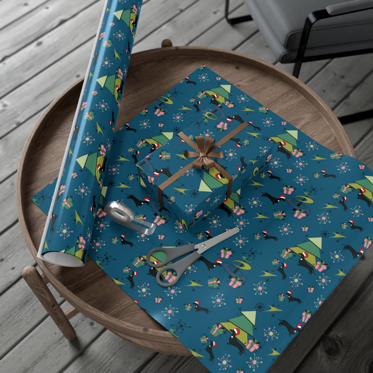 Retro 50s Atomic Dachshund Wiener Dog MCM Blue Eco-Friendly Wrapping Paper