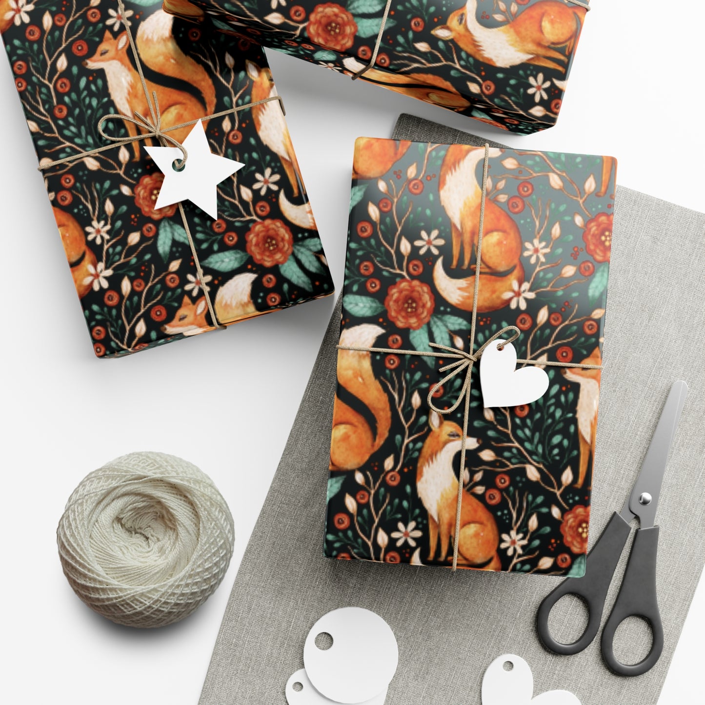 Enchanted Woodland Fox, Dark Cottagecore Watercolor Style Black Eco-Friendly Gift Wrap