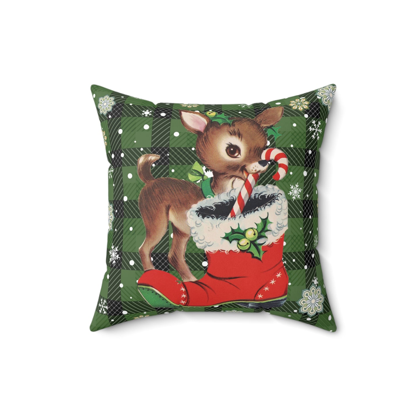 Retro 50s Christmas Vintage Reindeer MCM Green Throw Pillow