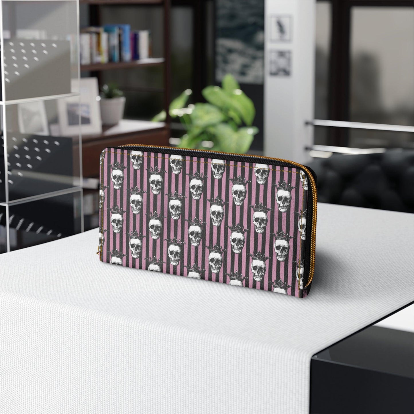 Skulls with Crowns Goth Glam Black & Pink Striped Zipper Wallet | lovevisionkarma.com