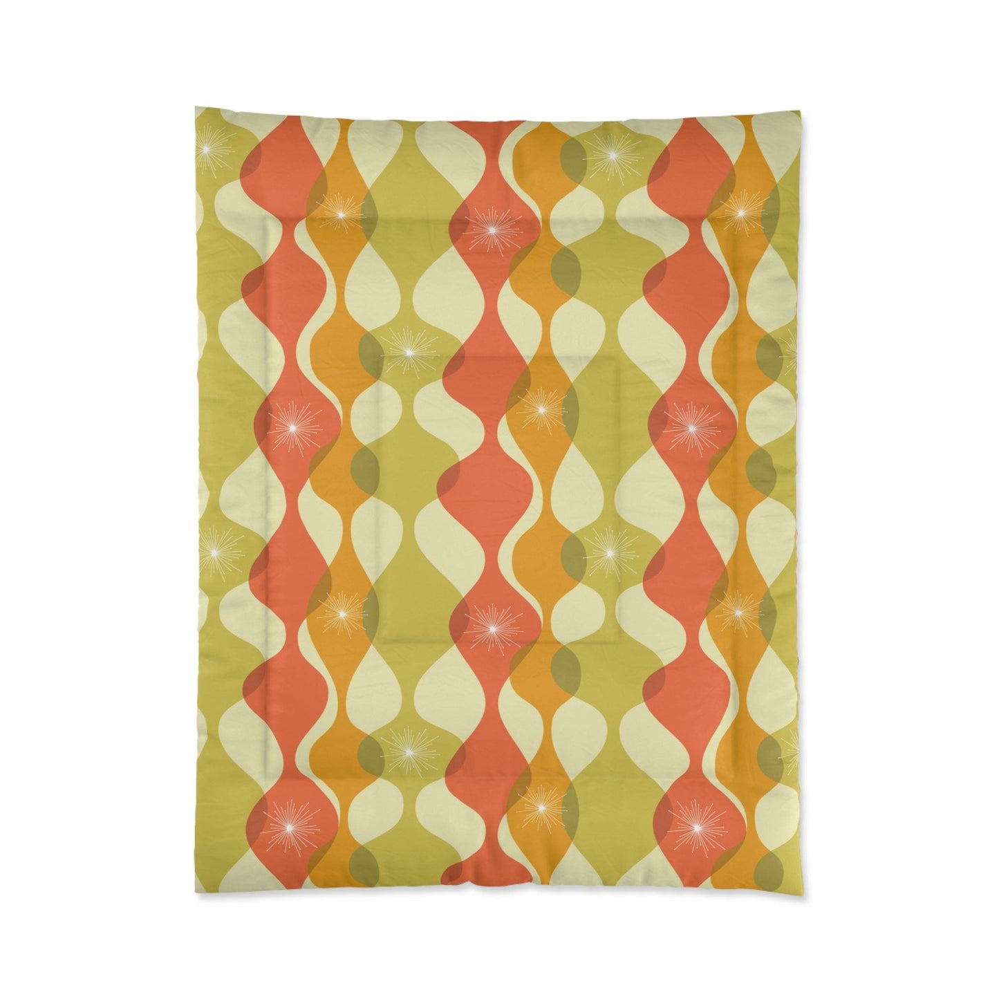 Retro 60s 70s Mid Century Mod Groovy Abstract Green, Orange & Mustard Comforter | lovevisionkarma.com