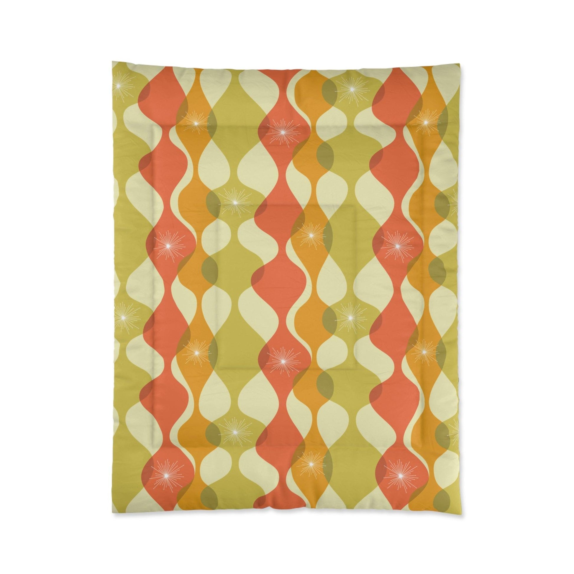 Retro 60s 70s Mid Century Mod Groovy Abstract Green, Orange & Mustard Comforter | lovevisionkarma.com