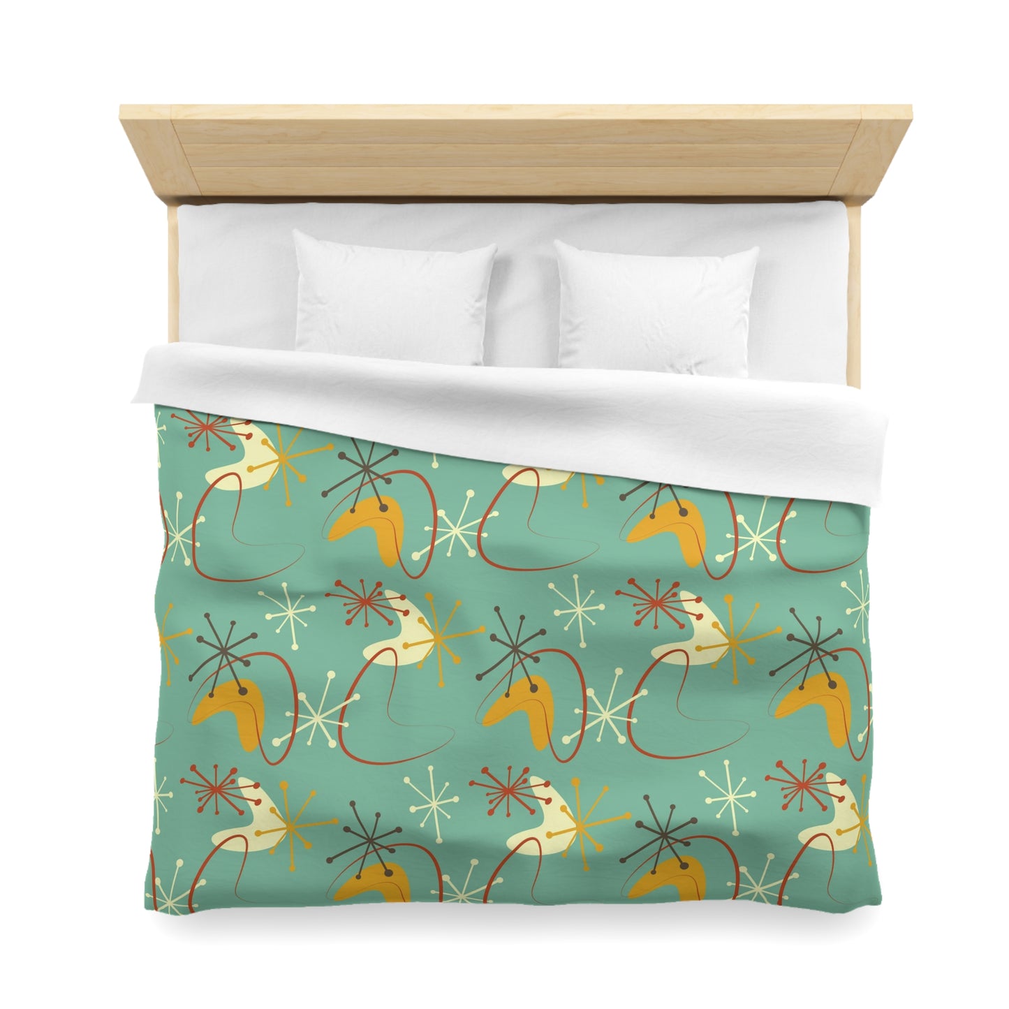 Retro Atomic Starburst & Boomerang Mid Century Blue & Mustard Duvet Cover