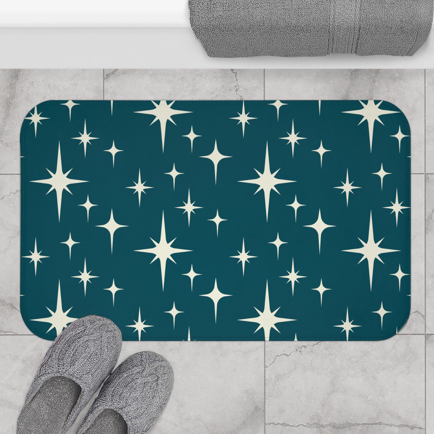 Retro 50s Atomic Starburst Off-White and Blue MCM Bath Mat