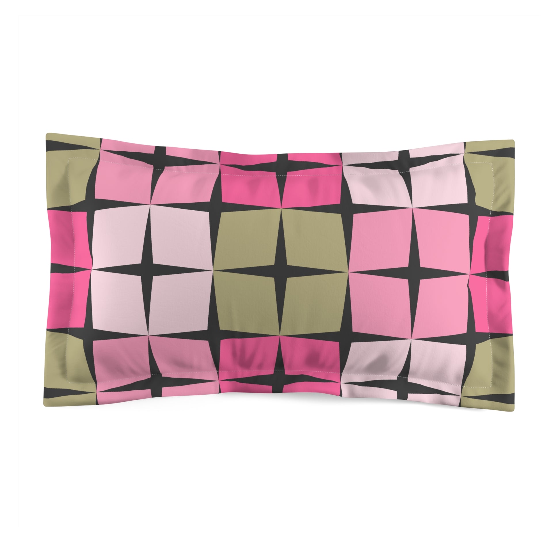 Patterned pillow sham with pink, green, and black geometric Palm Springs inspired mid century mod design on a white background