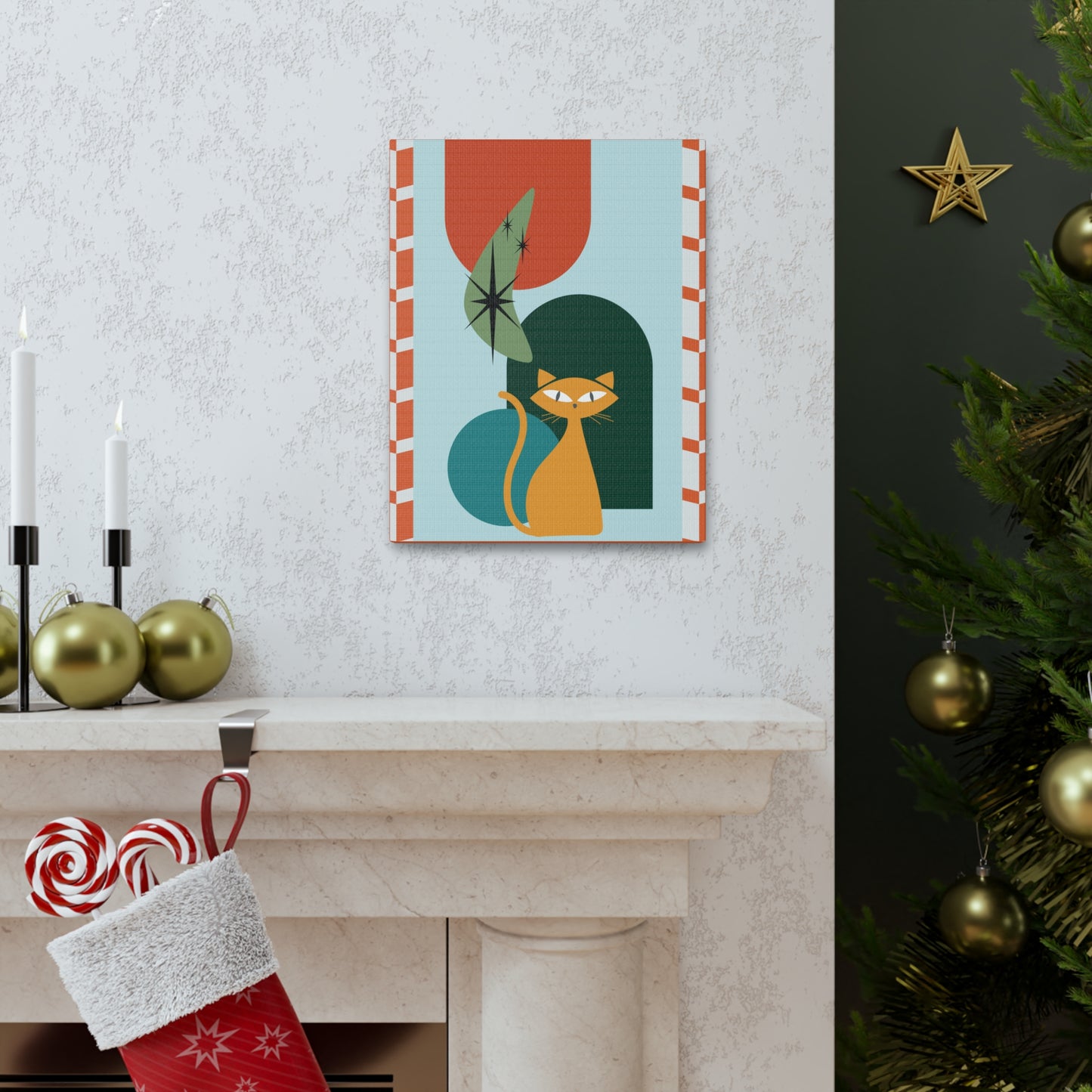 Retro 50's Atomic Cat Mid Century Mod Multicolor Canvas Gallery Wrap