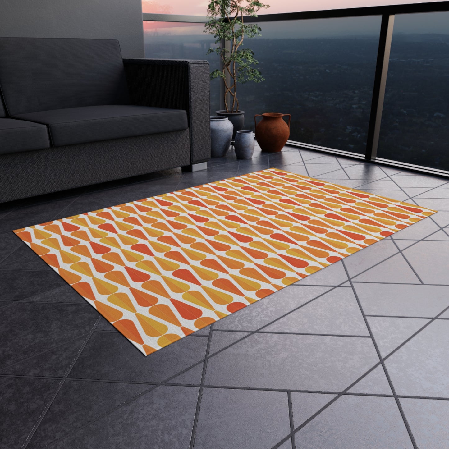 Retro 60s 70s Mid Century Modern Geometric Orange and Yellow Anti-Slip Indoor/Outdoor Accent Rug