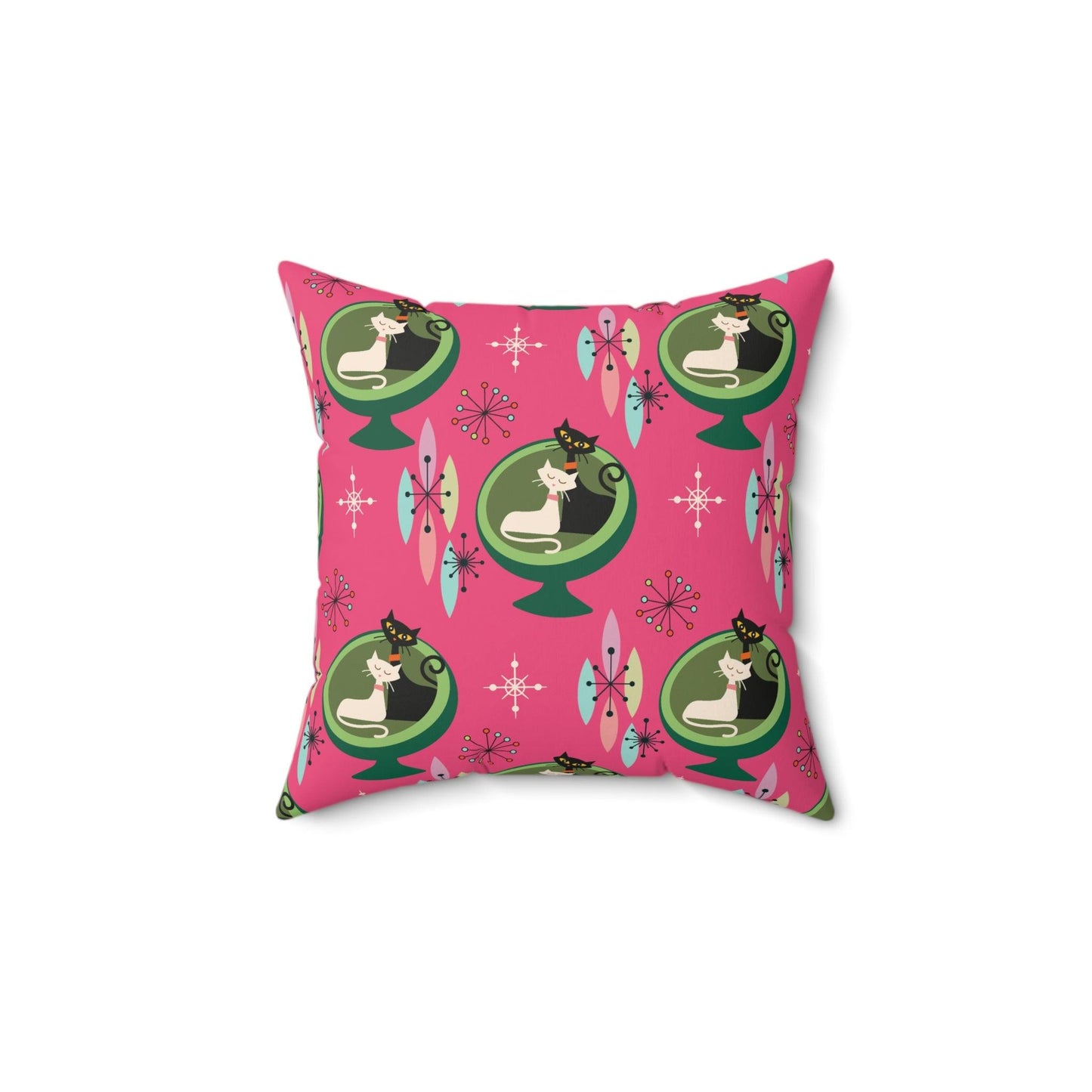 Retro 50s Atomic Cat Couple in Ball Chair MCM Pink & Green Pillow | lovevisionkarma.com