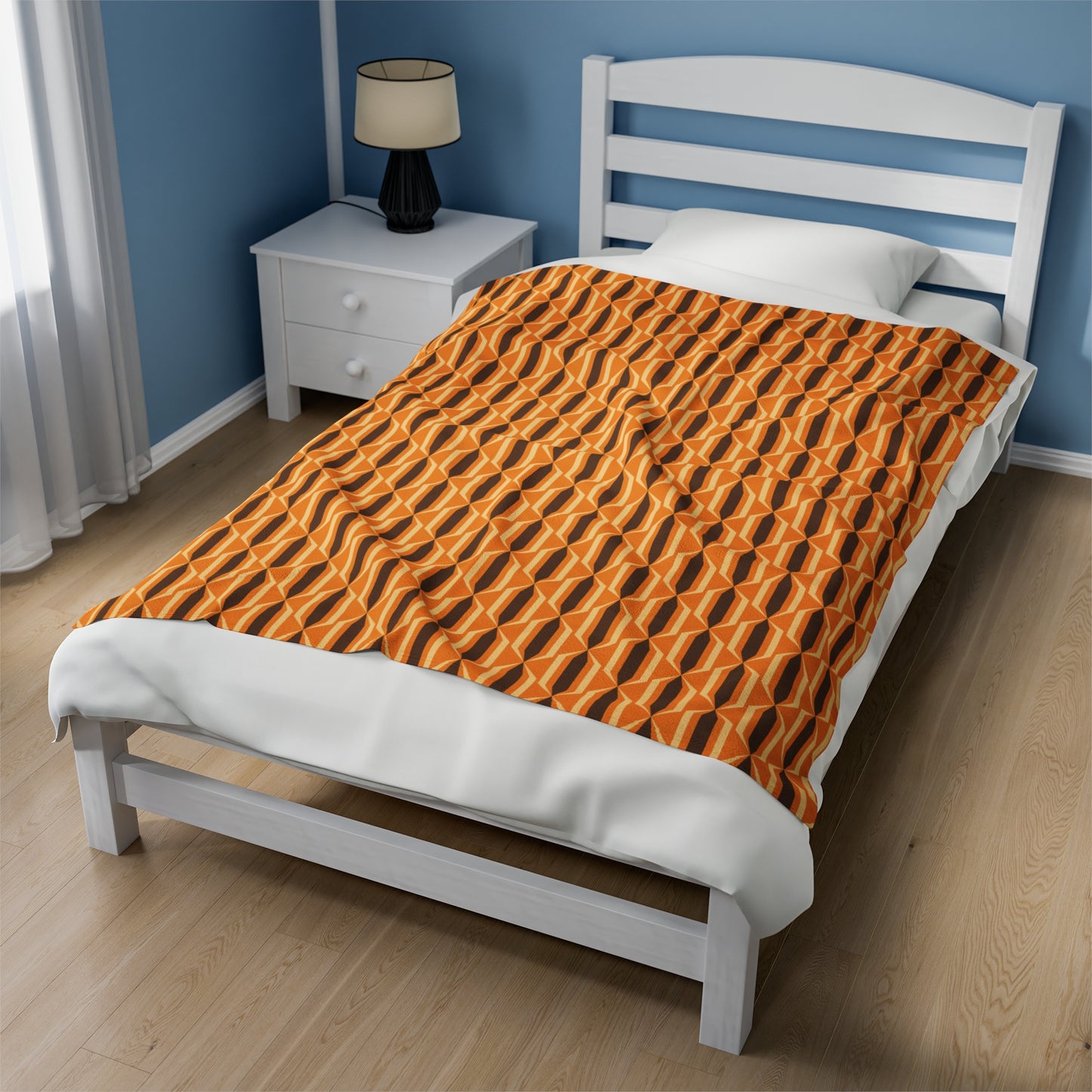 Retro 70s Mid Century Mod Funky Orange & Brown Velveteen Lightweight Blanket