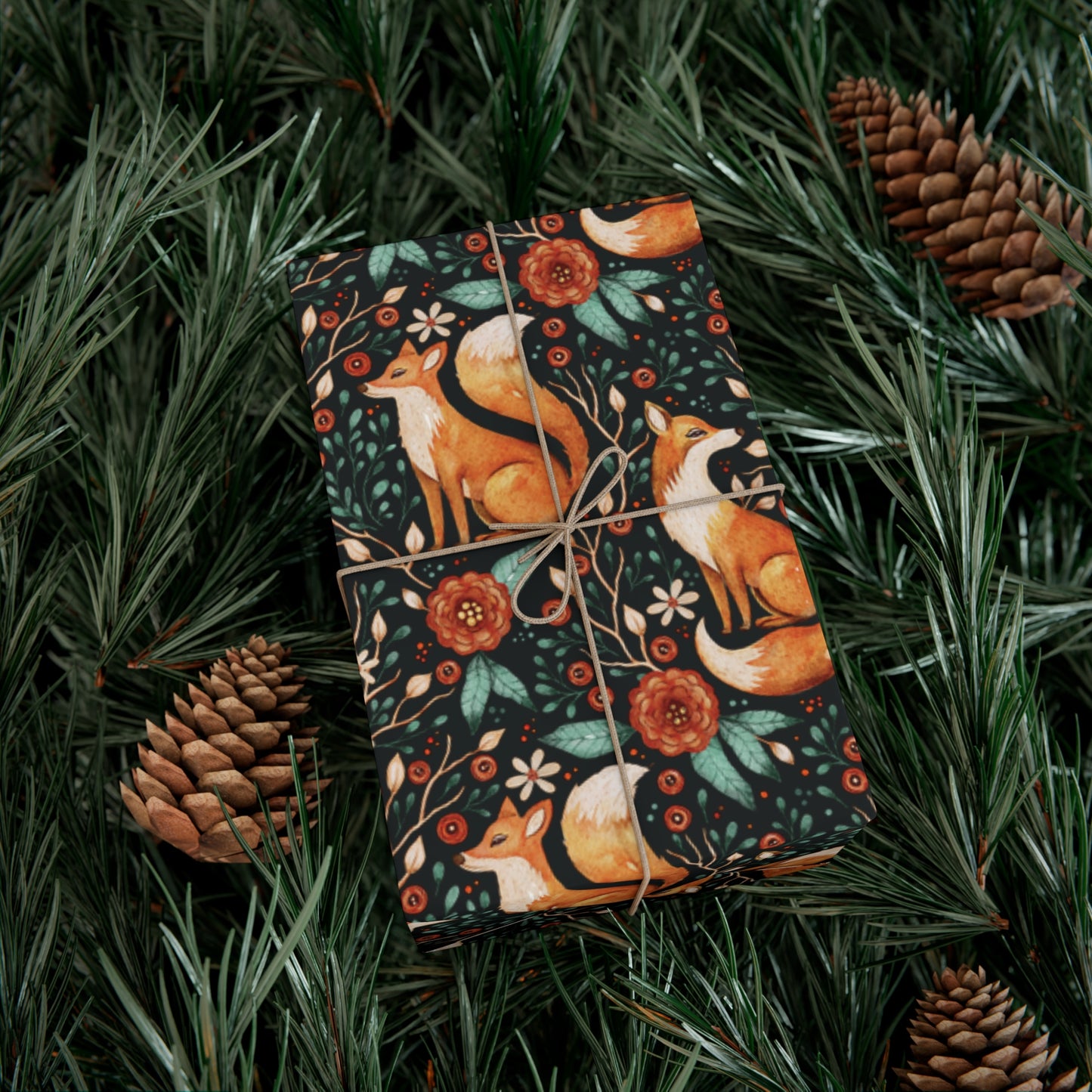 Enchanted Woodland Fox, Dark Cottagecore Watercolor Style Black Eco-Friendly Gift Wrap