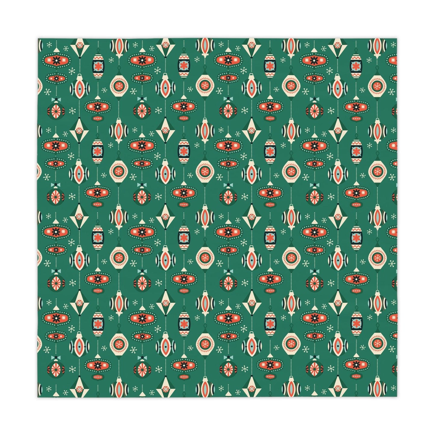 Retro 1950s Christmas Mid Century Mod Baubles & Ornaments Green Holiday Tablecloth | lovevisionkarma.com