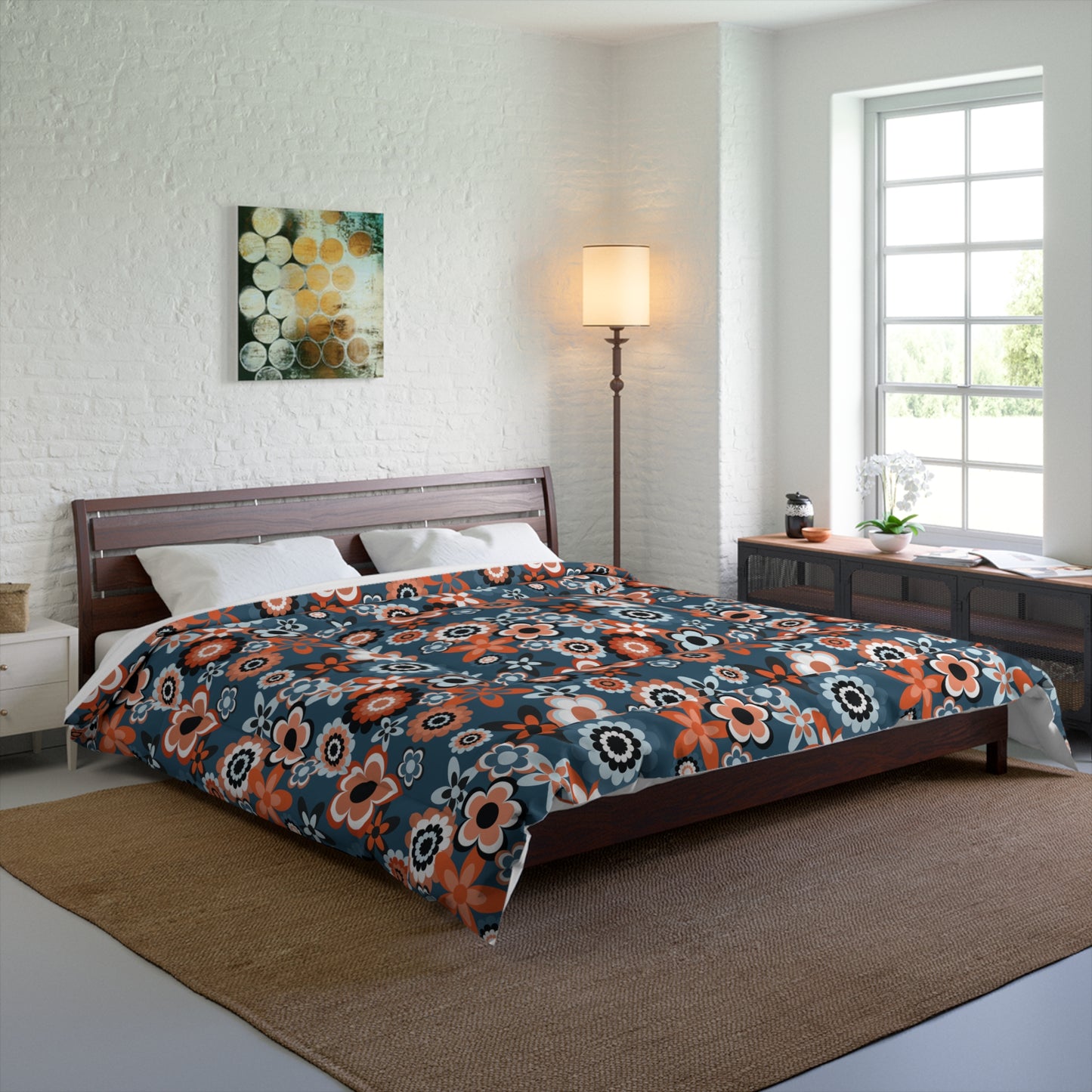 Retro 60s 70s Groovy Flowers Mid Century Mod Coral & Blue Comforter