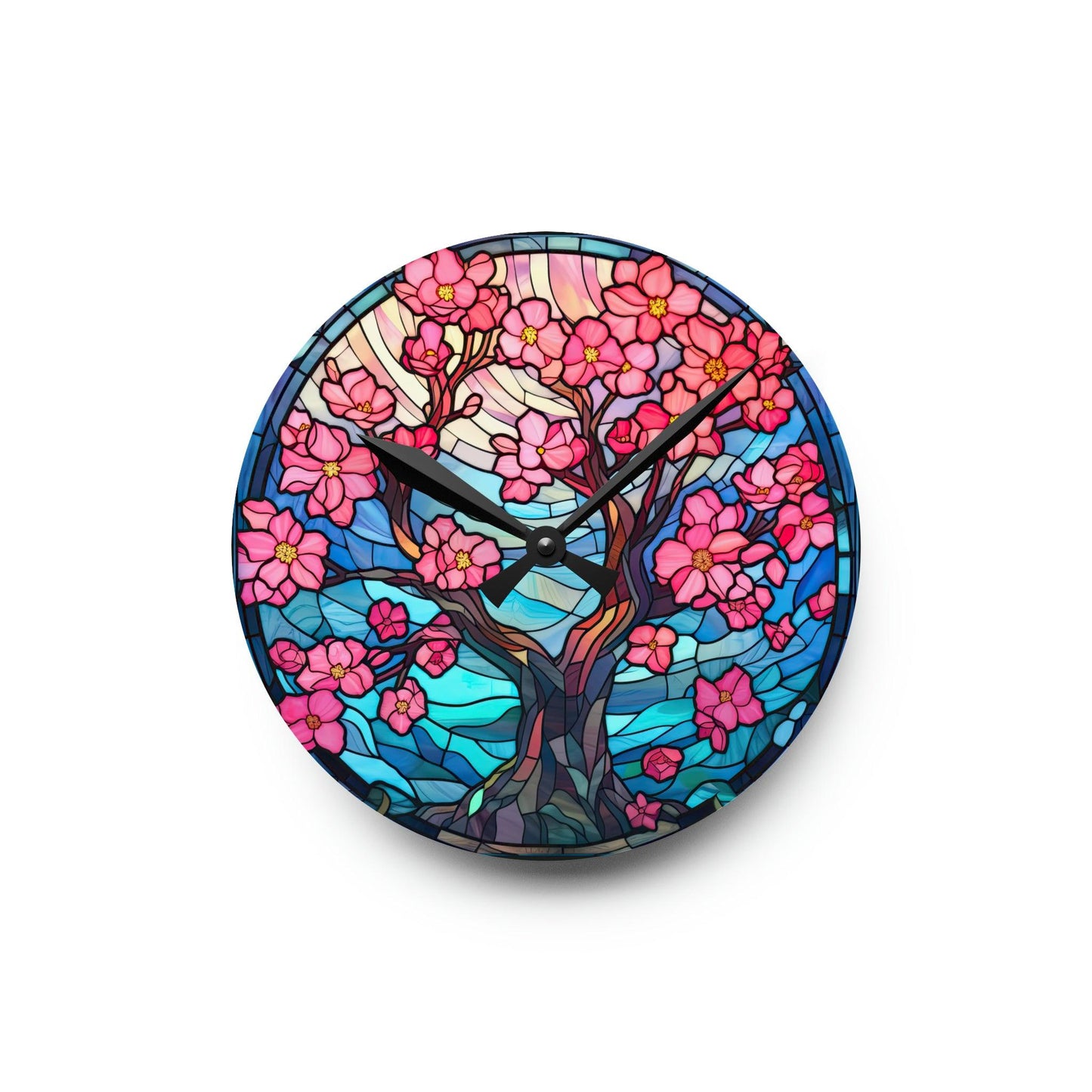Cherry Blossom Tree Stained Glass Inspired, Sakura Pink & Blue Acrylic Wall Clock | lovevisionkarma.com