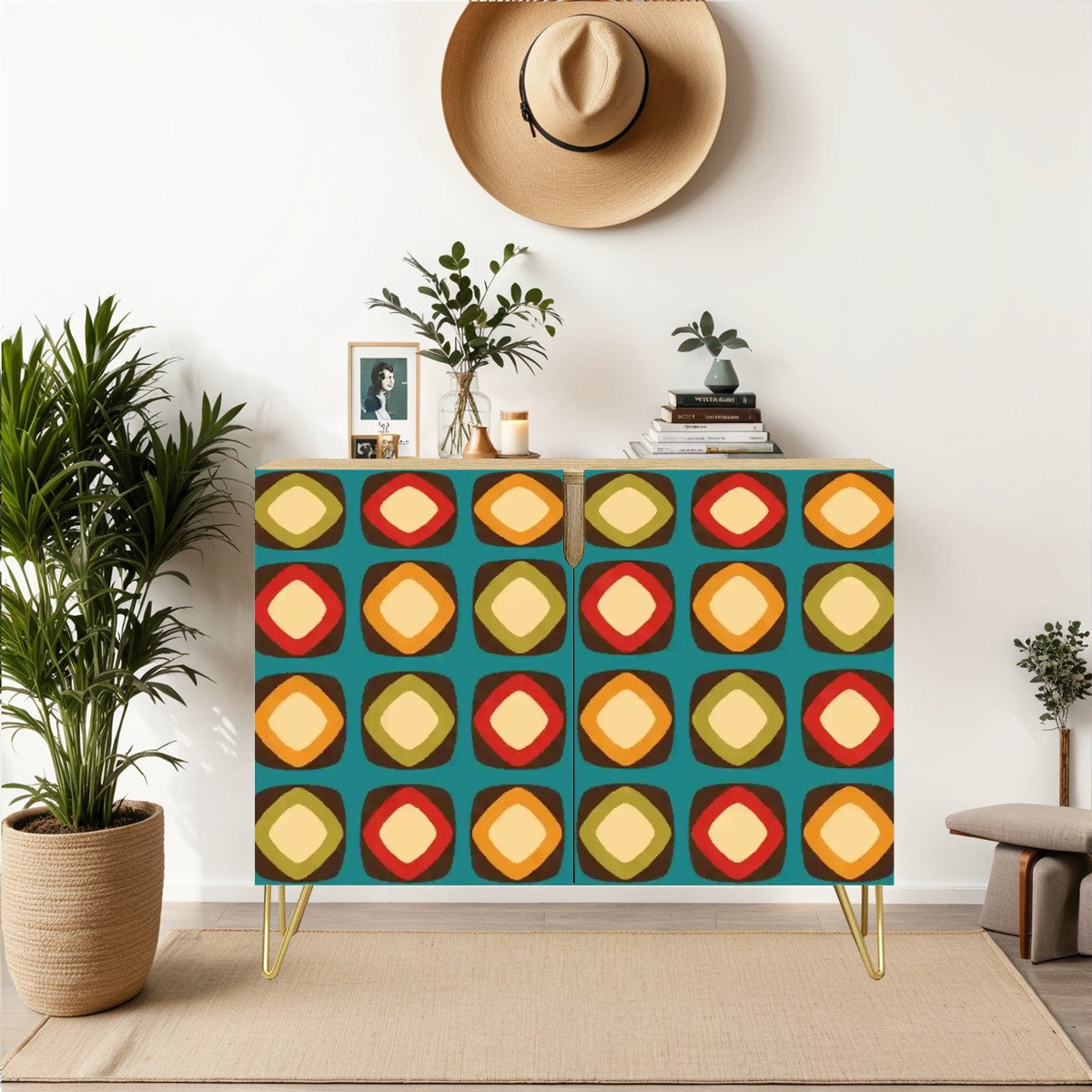 Retro 60s, 70s Mod Squares Multicolor Mid Century Modern Sideboard, Credenza, Wooden Storage Cabinet