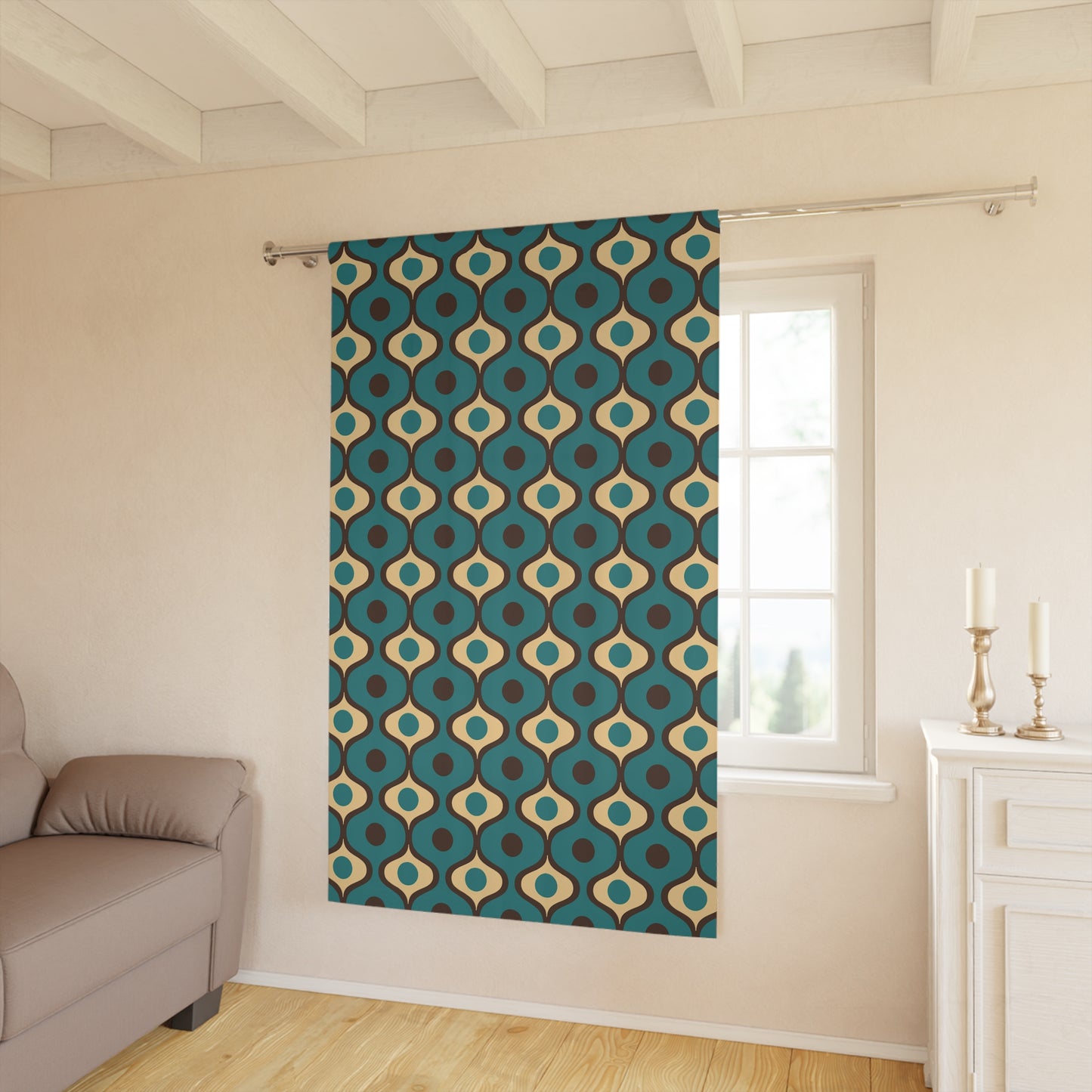 Retro 60s 70s Mid Century Mod Funky Geo Blue, Cream & Brown Blackout Window Curtain