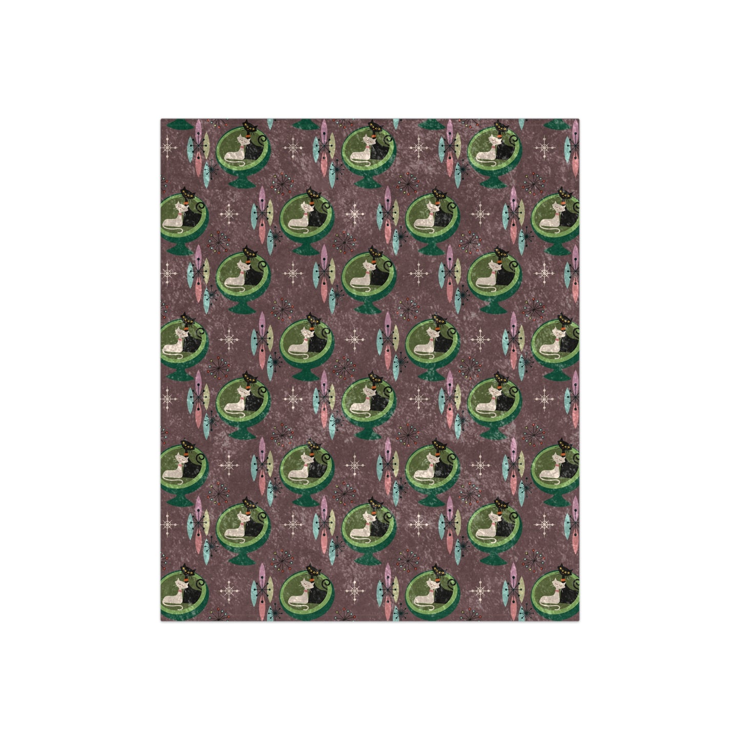 Retro 50s Atomic Cats in Ball Chair, Mid Century Modern Taupe Crushed Velvet Blanket