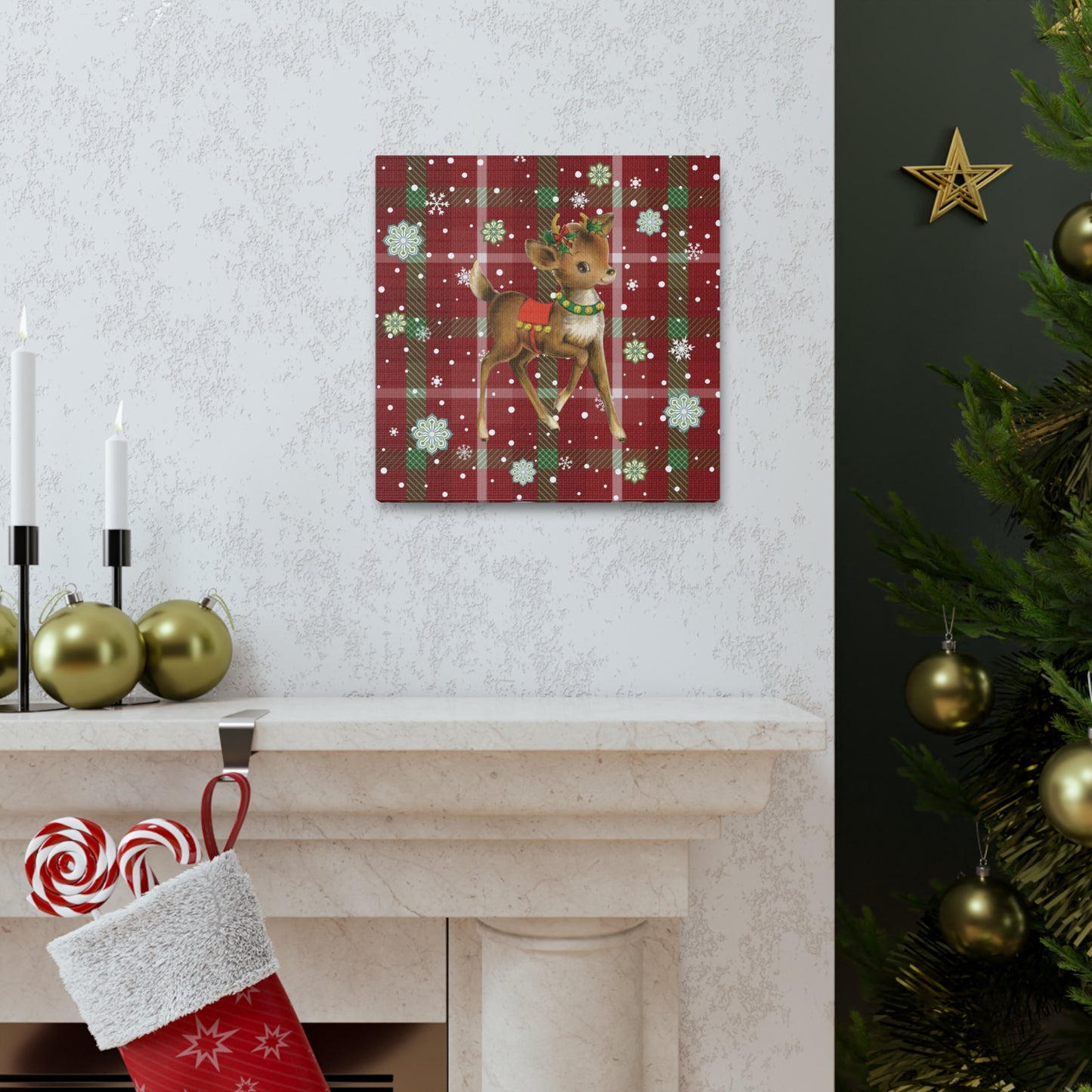 Retro 50's Christmas Vintage Reindeer MCM Red & Green Canvas Gallery Wrap