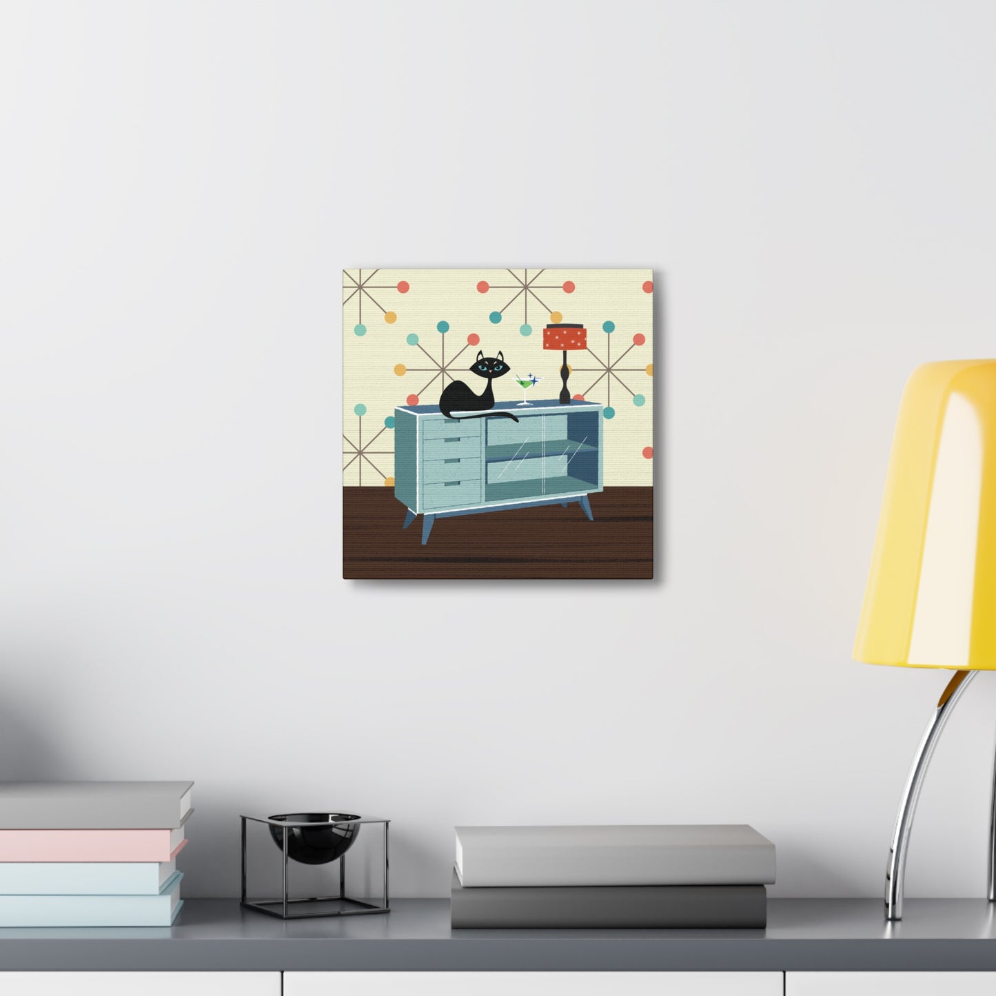 Retro 50s Atomic Cat Lounging Mid Century Mod Multicolor Canvas Gallery Wrap