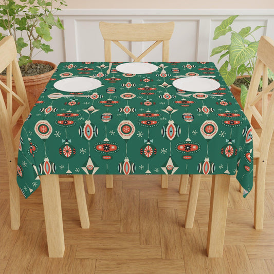 Retro 1950s Christmas Mid Century Mod Baubles & Ornaments Green Holiday Tablecloth | lovevisionkarma.com