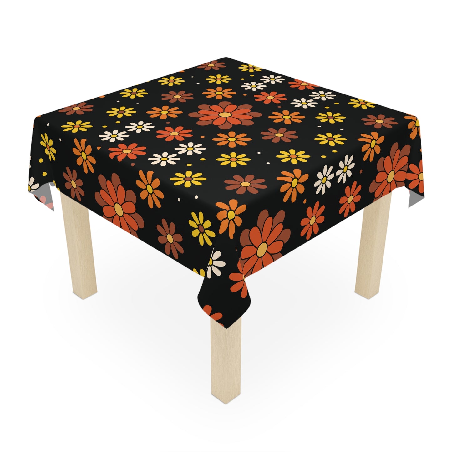 Retro 60s 70s Groovy Mod Daisy Floral Mid Century Black, Brown & Orange Tablecloth
