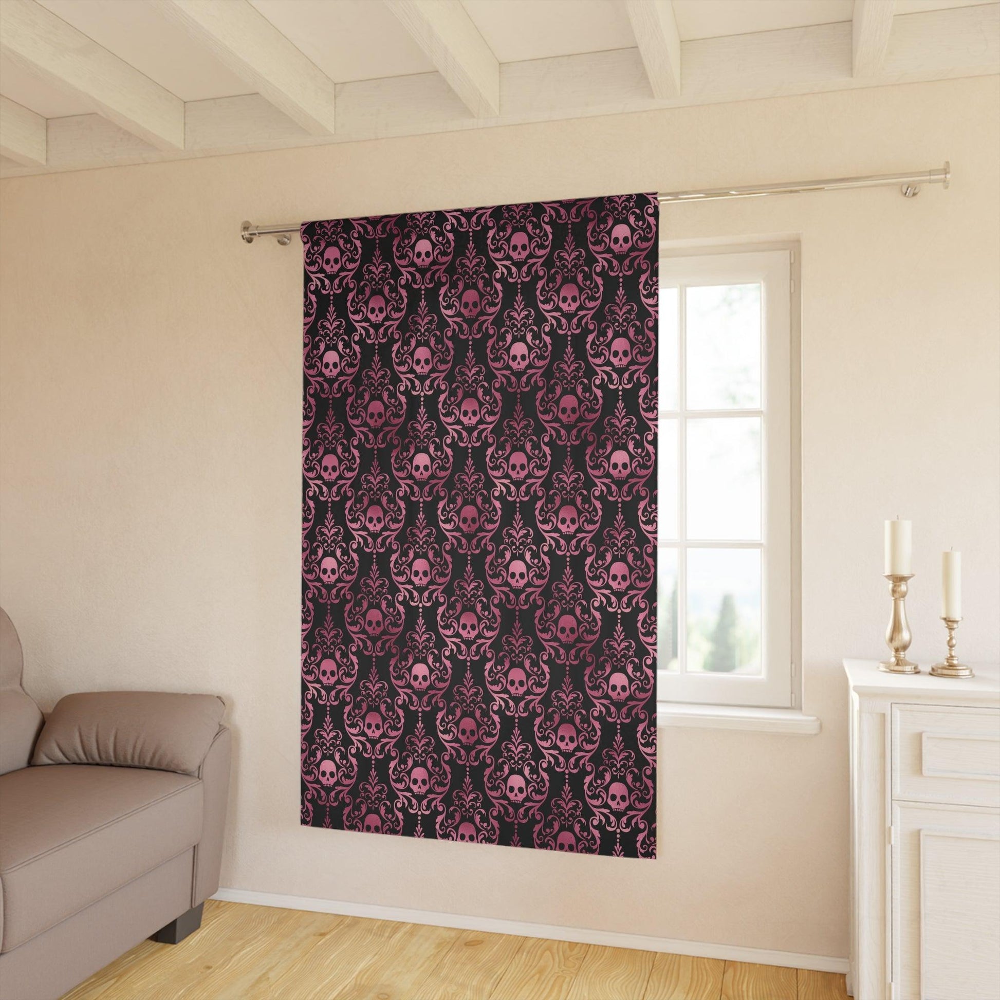 Victorian Goth Inspired Skull Damask Dark Academia Glam Goth Black & Pink Blackout Window Curtain Panel | lovevisionkarma.com
