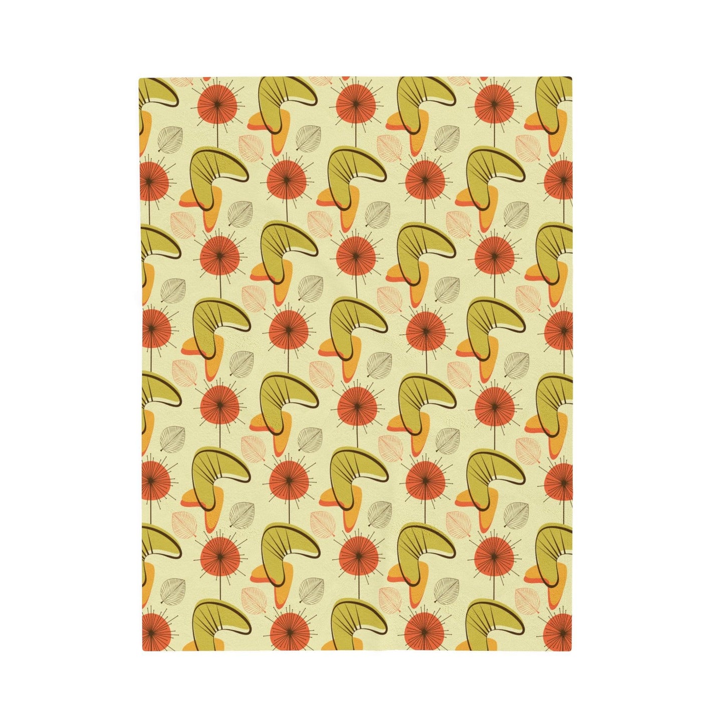 Retro Atomic Boomerangs & Leaves MCM Orange, Green & Yellow Lightweight Velveteen Blanket | lovevisionkarma.com