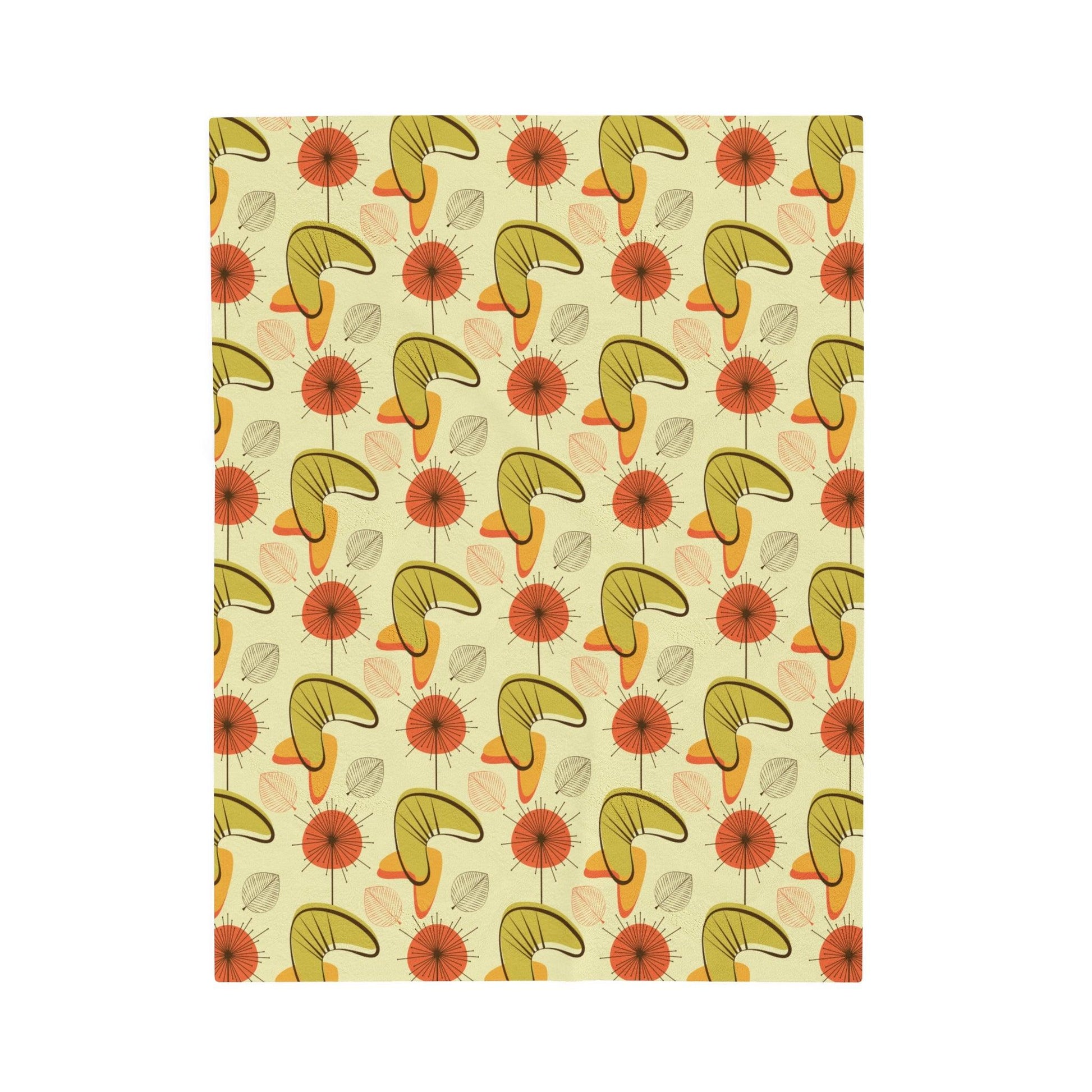 Retro Atomic Boomerangs & Leaves MCM Orange, Green & Yellow Lightweight Velveteen Blanket | lovevisionkarma.com