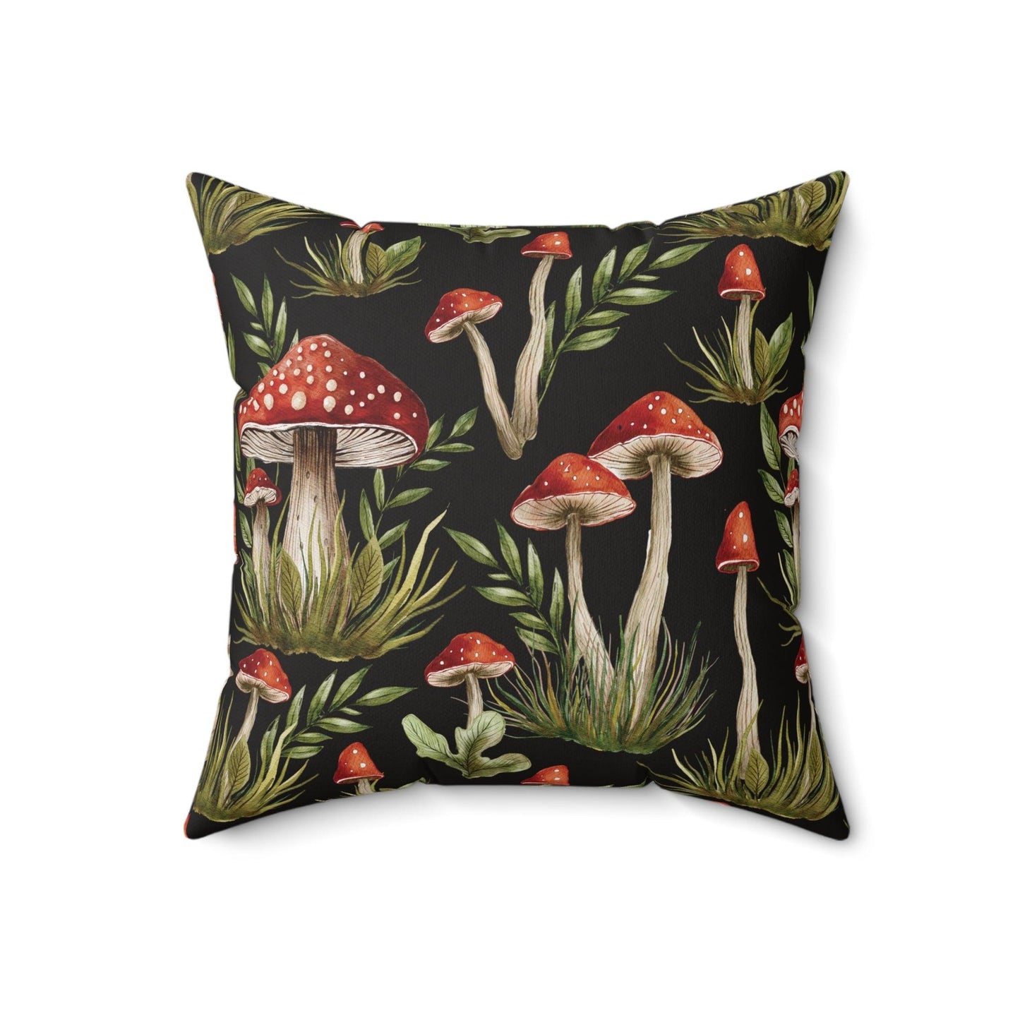 Amanita Muscaria Mushroom, Dark Cottagecore Watercolor Black, Red & Green Throw Pillow | lovevisionkarma.com